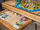 Rustic BYO Board Game Table with Removable Tempered Glass Top and Hidden Storage Drawer - 100% Made in the USA. Measures 25x25"