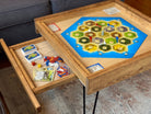 Rustic BYO Board Game Table with Removable Tempered Glass Top and Hidden Storage Drawer - 100% Made in the USA. Measures 25x25"