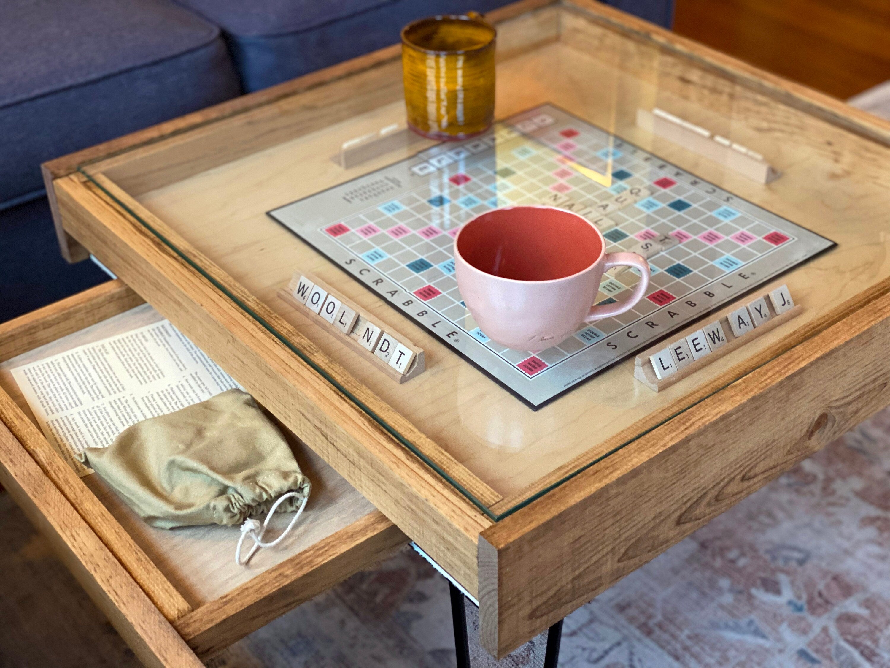 Rustic BYO Board Game Table with Removable Tempered Glass Top and Hidden Storage Drawer - 100% Made in the USA. Measures 25x25"