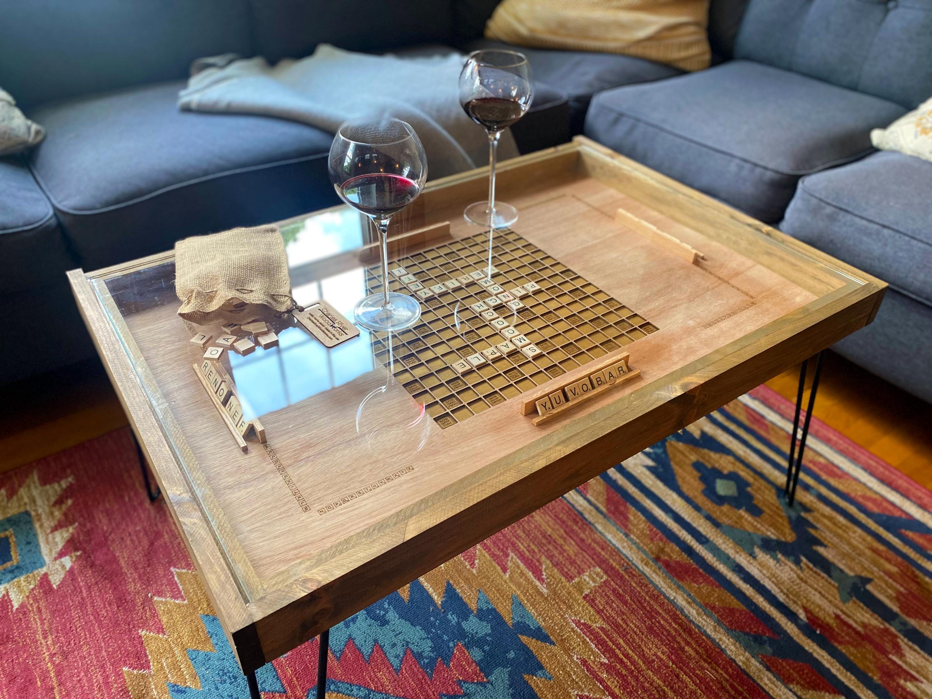 Rustic Scrabble Coffee Table measures 24x36" and stands 18" tall.
