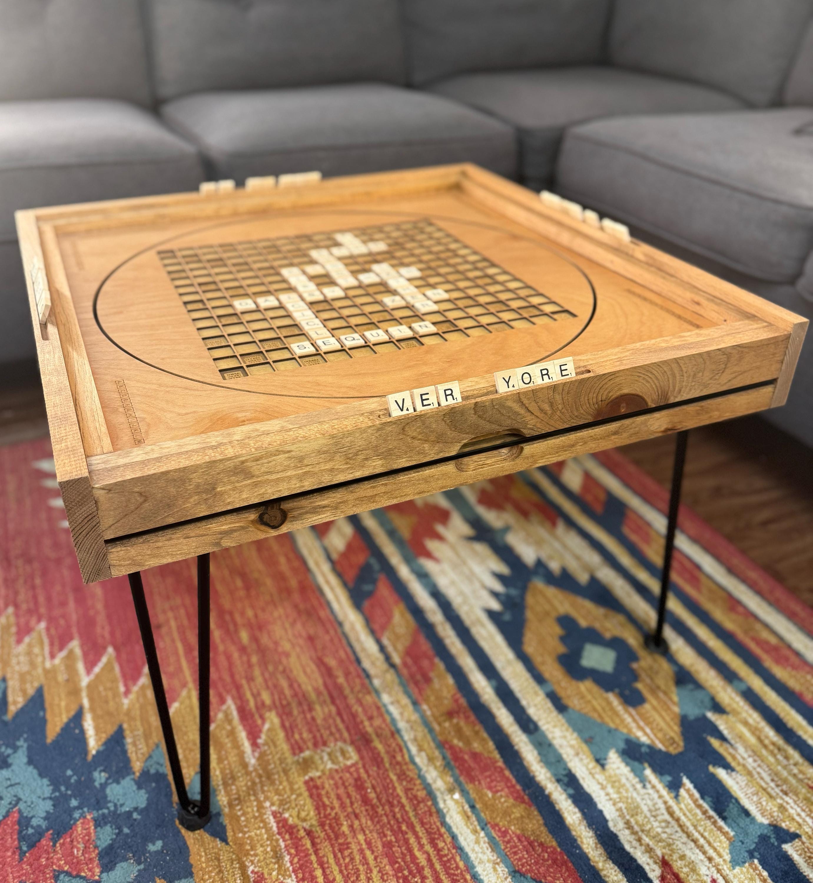 Rotating Scrabble Coffee Table with removable glass top and lazy susan - letter tiles included. 100% Made in the USA