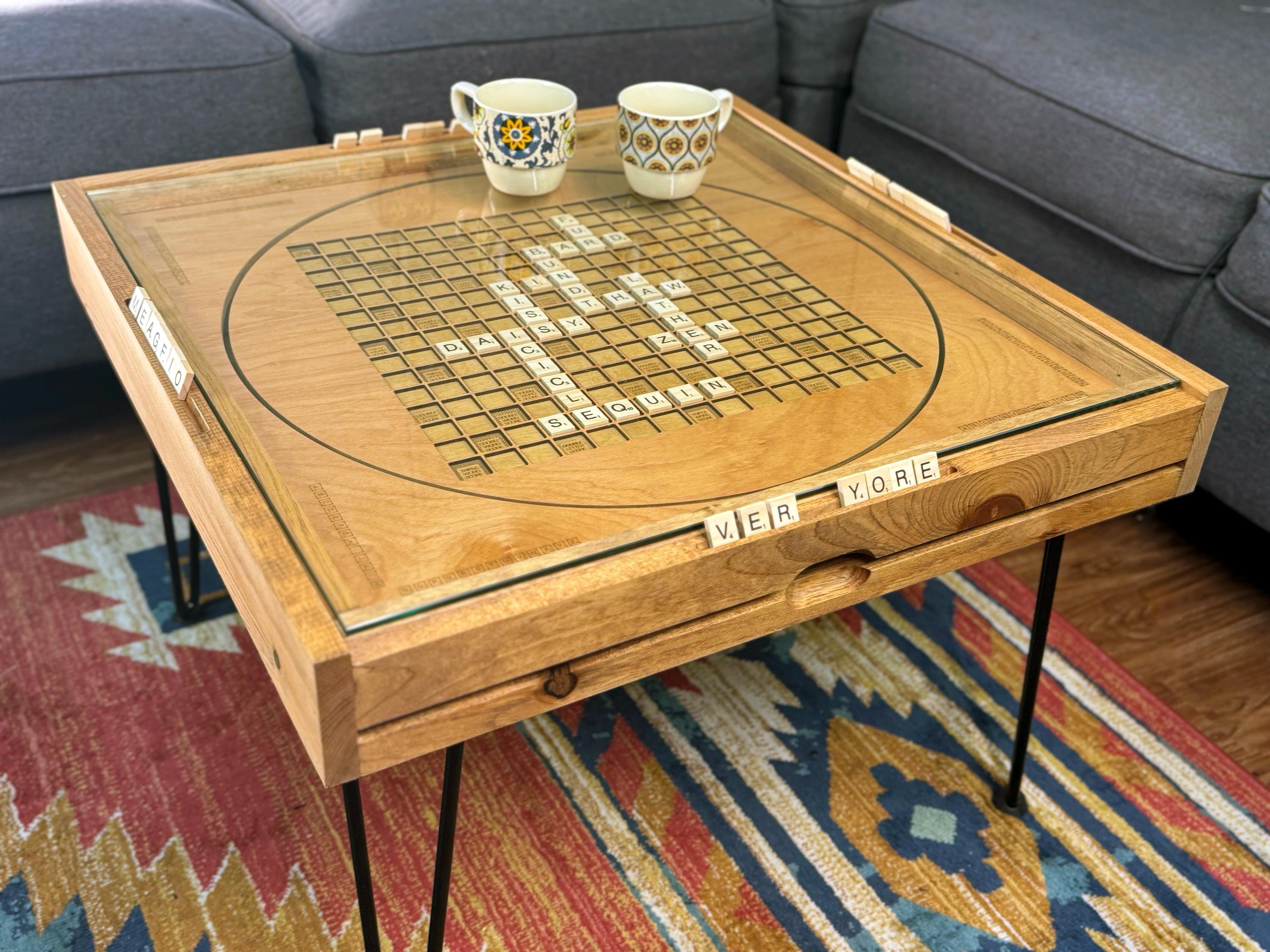Rotating Scrabble Coffee Table with removable glass top and lazy susan - letter tiles included. 100% Made in the USA