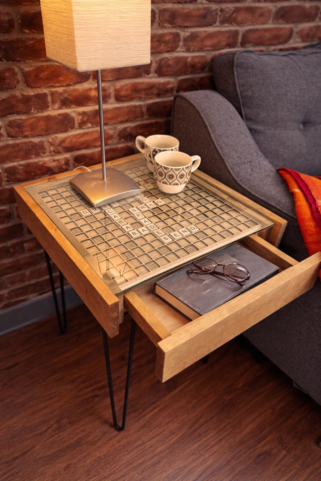 Rustic Wooden Scrabble End Table with Hidden Drawer. Full set of letter tiles included. 100% Made in the USA.