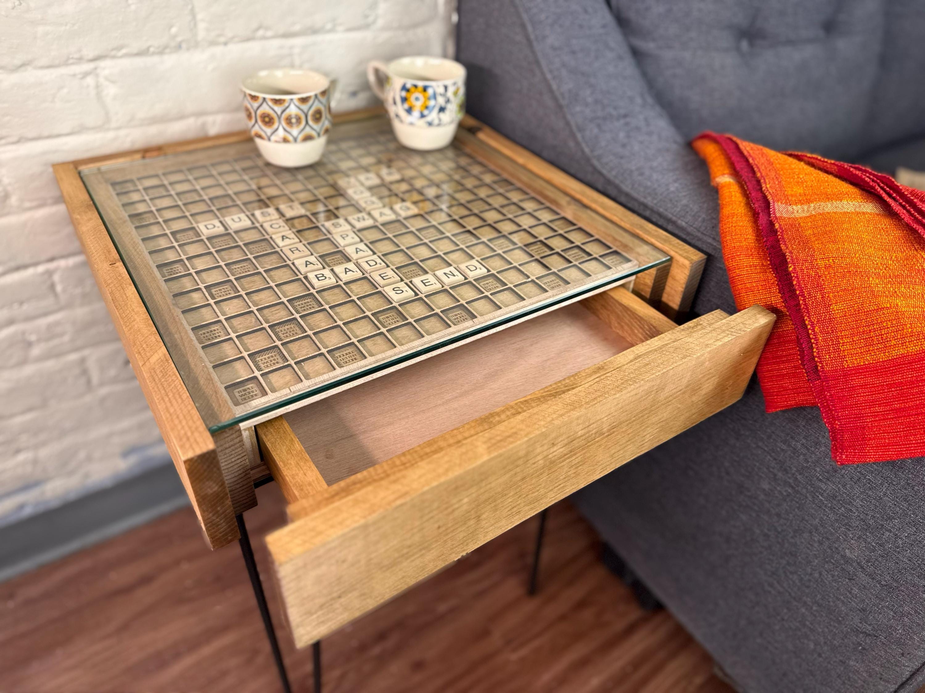 Rustic Wooden Scrabble End Table with Hidden Drawer. Full set of letter tiles included. 100% Made in the USA.