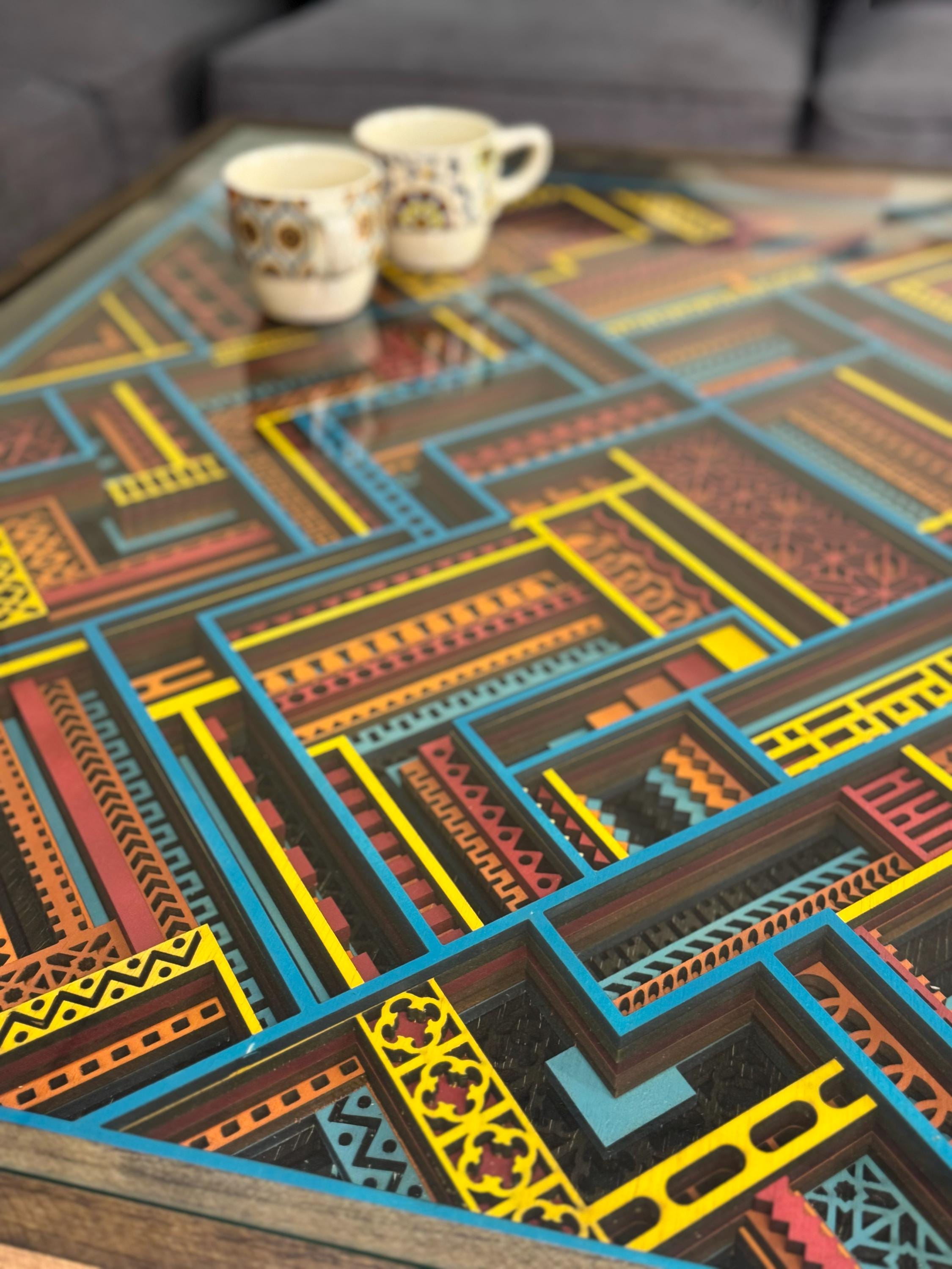 Turquoise, Yellow and Maroon Boho Handcrafted 24x36" Layered Coffee Table with glass top and solid wood frame - 100% Made in the USA