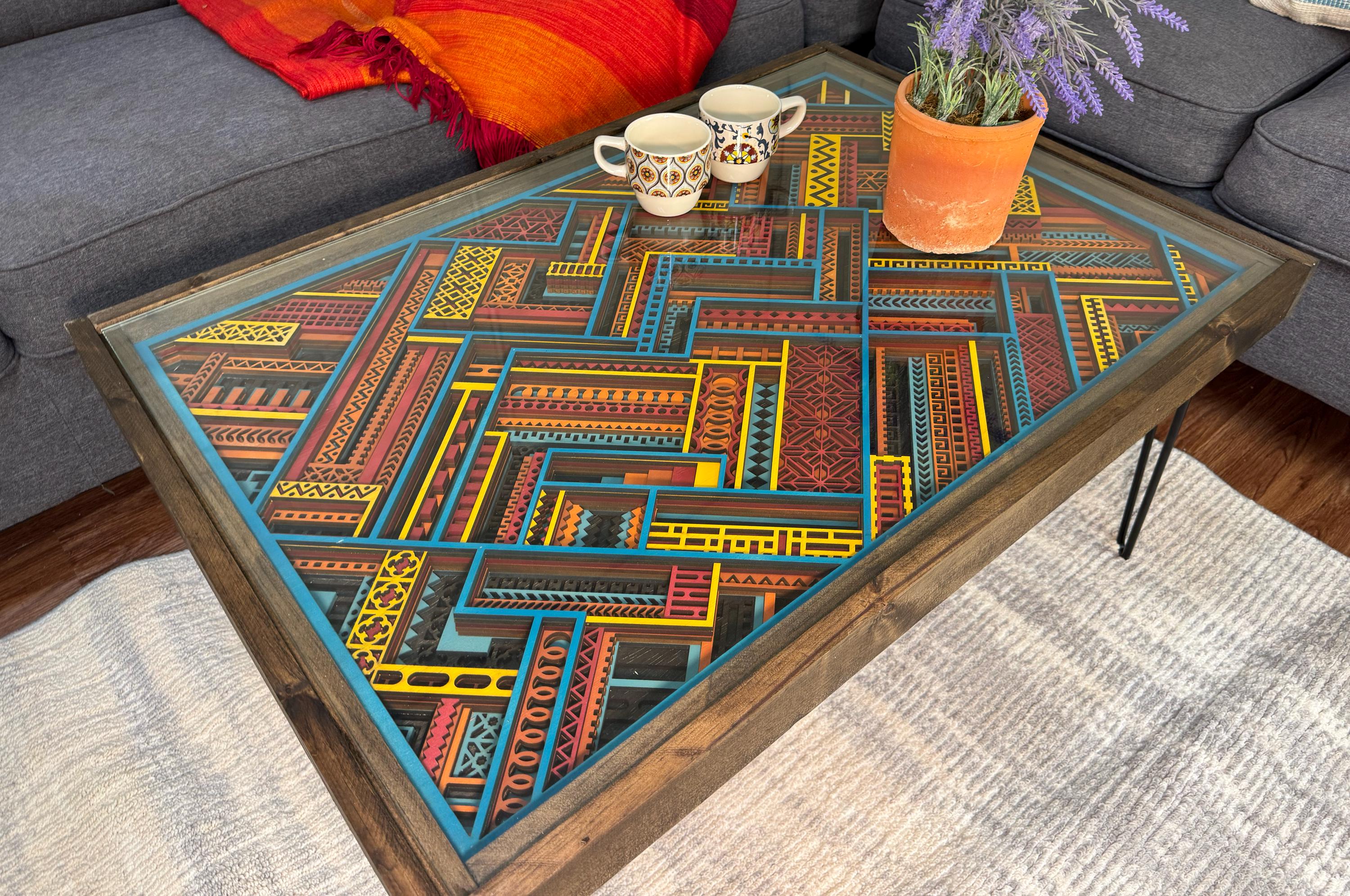 Turquoise, Yellow and Maroon Boho Handcrafted 24x36" Layered Coffee Table with glass top and solid wood frame - 100% Made in the USA
