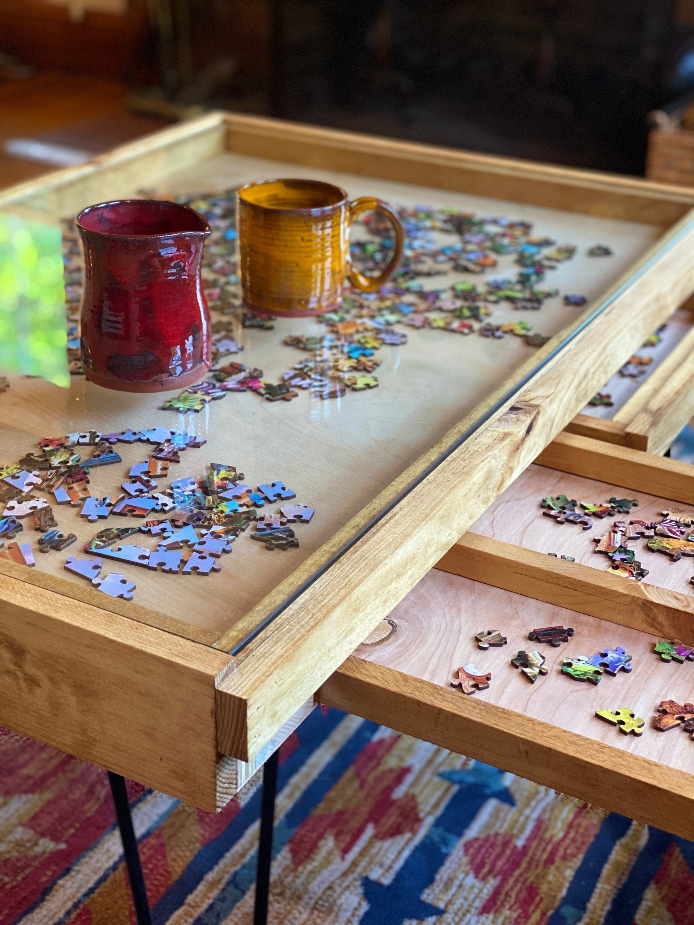 Rustic Puzzle Coffee Table with removable glass top - includes 2 hidden drawers - 24x36". 100% Made in the USA