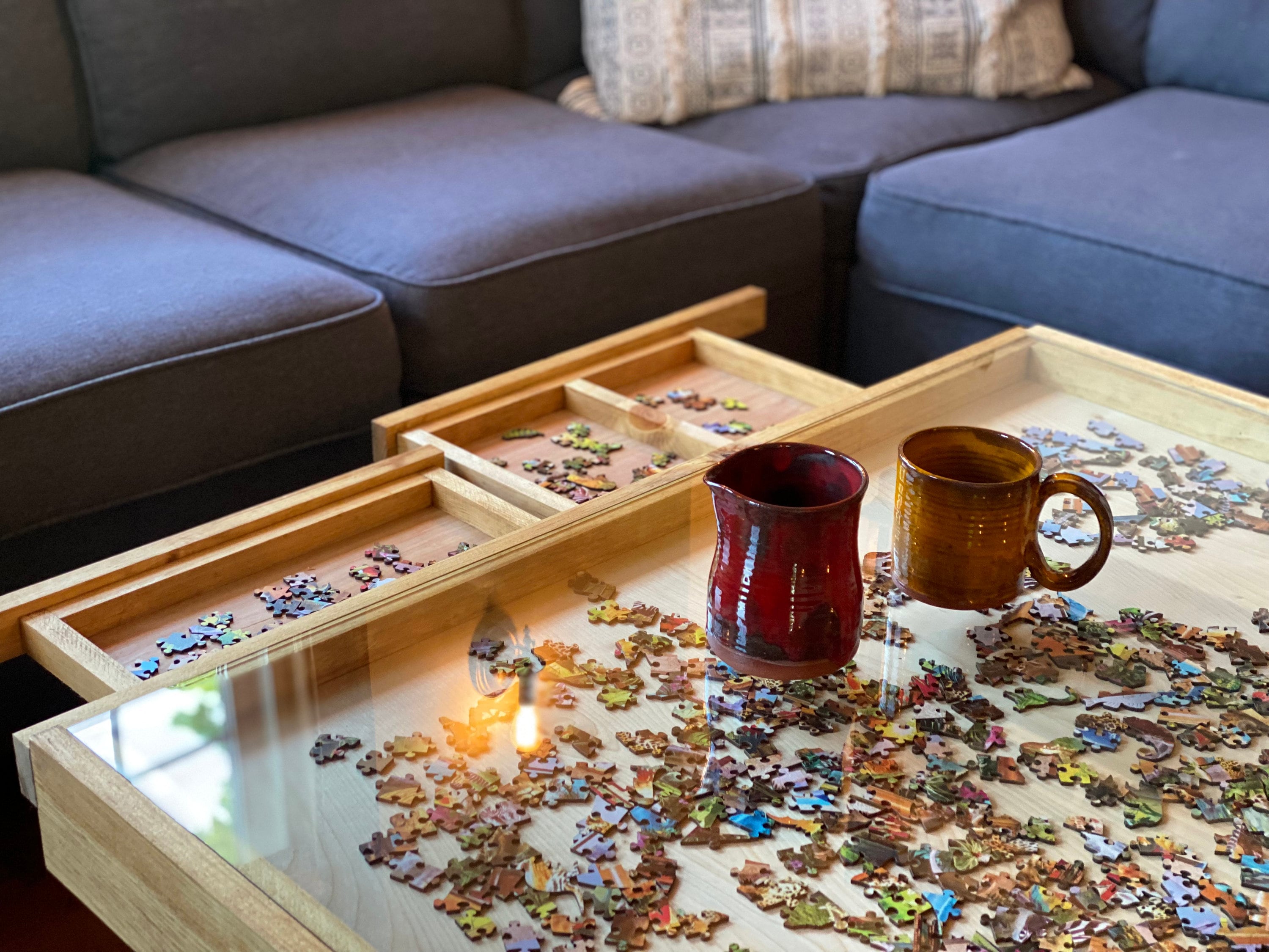 Rustic Puzzle Coffee Table with removable glass top - includes 2 hidde ...