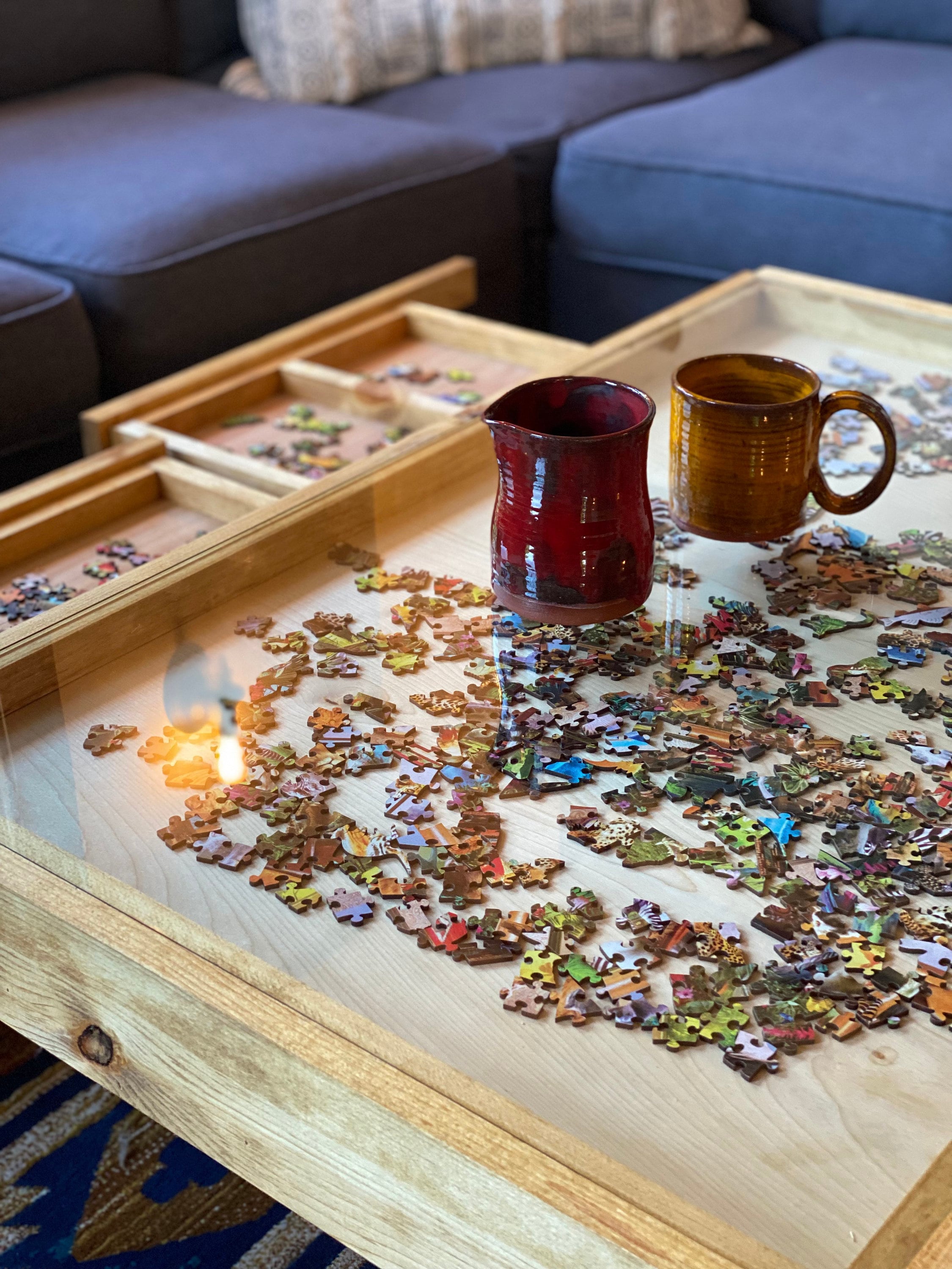 Rustic Puzzle Coffee Table with removable glass top - includes 2 hidden drawers - 24x36". 100% Made in the USA