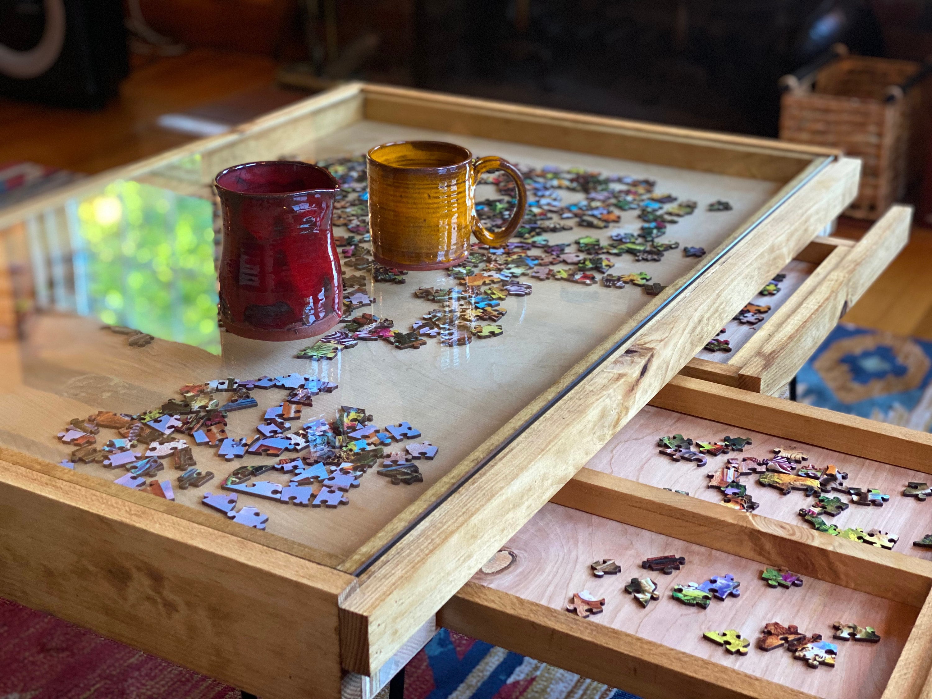 Rustic Puzzle Coffee Table with removable glass top - includes 2 hidden drawers - 24x36". 100% Made in the USA