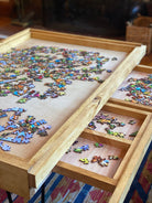 Rustic Puzzle Coffee Table with removable glass top - includes 2 hidden drawers - 24x36". 100% Made in the USA