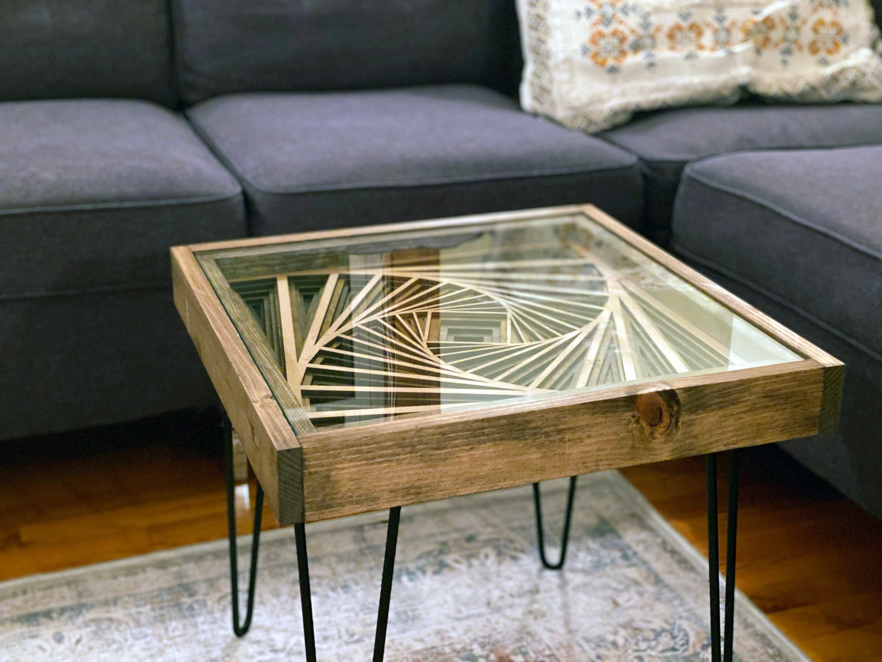 Rotating Geometric Vortex - End Table & Coffee Table with Rustic Wood Frame - 100% Made in the USA