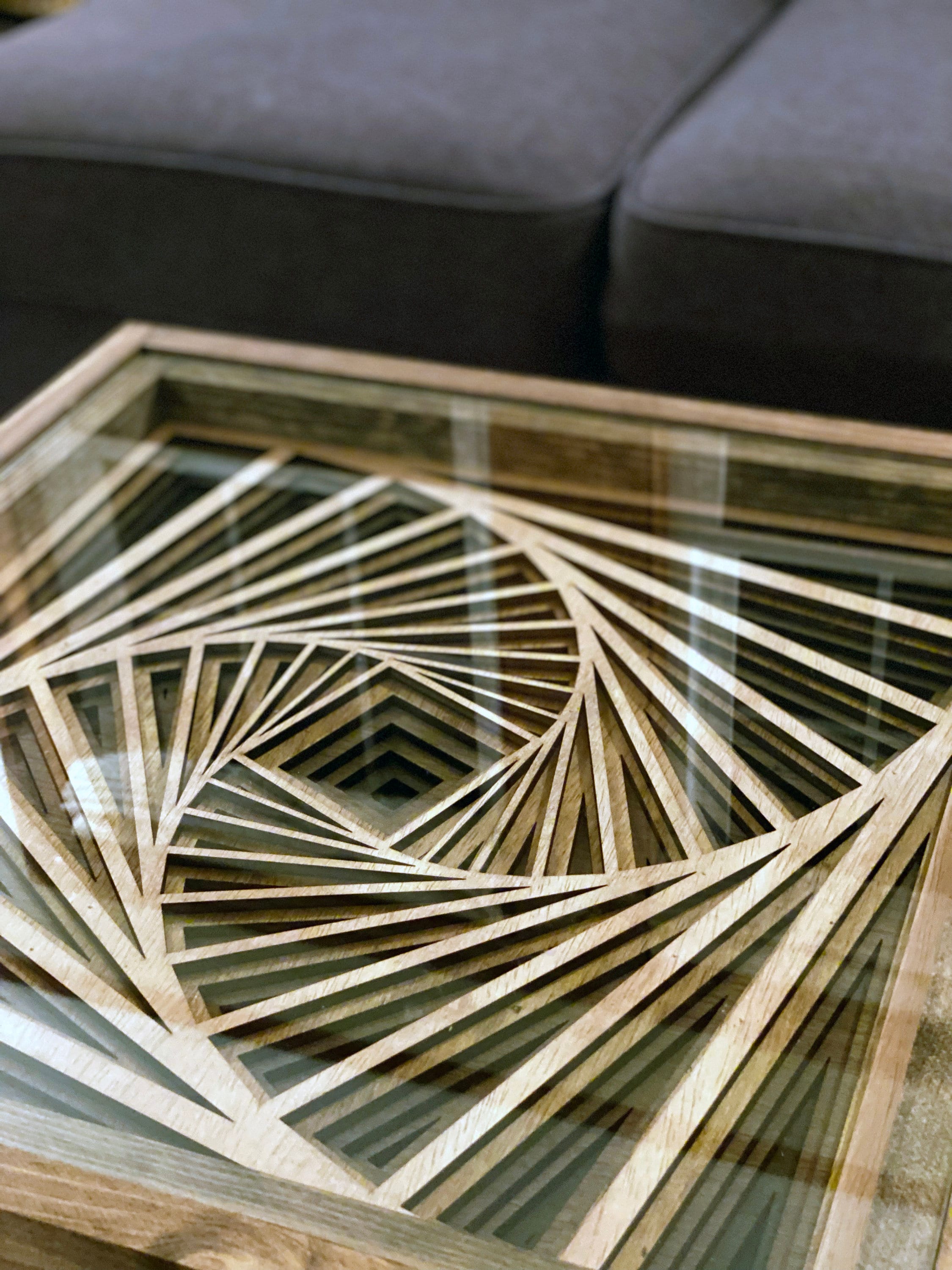 Rotating Geometric Vortex - End Table & Coffee Table with Rustic Wood Frame - 100% Made in the USA
