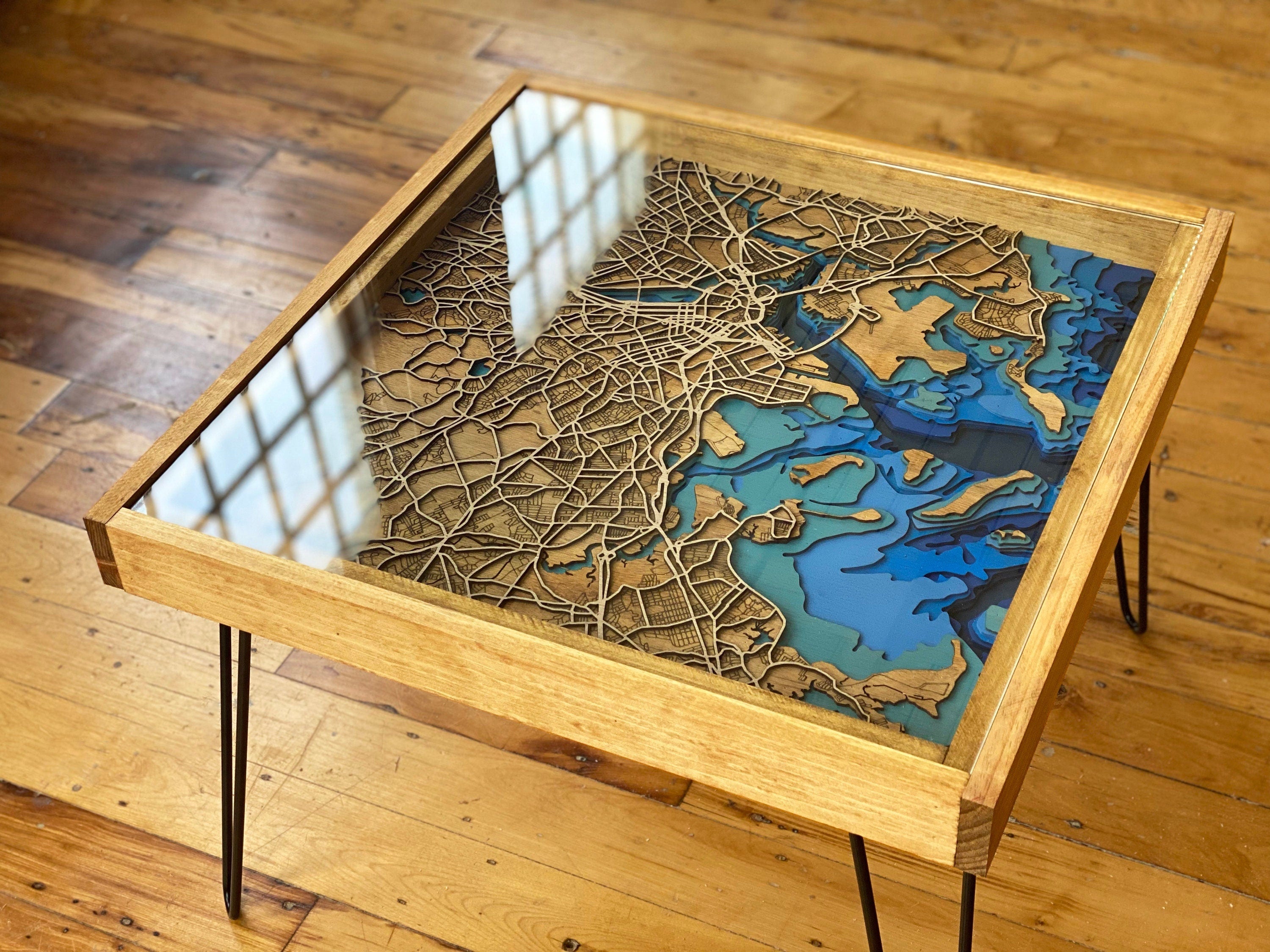 Handcrafted City Map Coffee Table - 100% Made in the USA. Choose your own city!