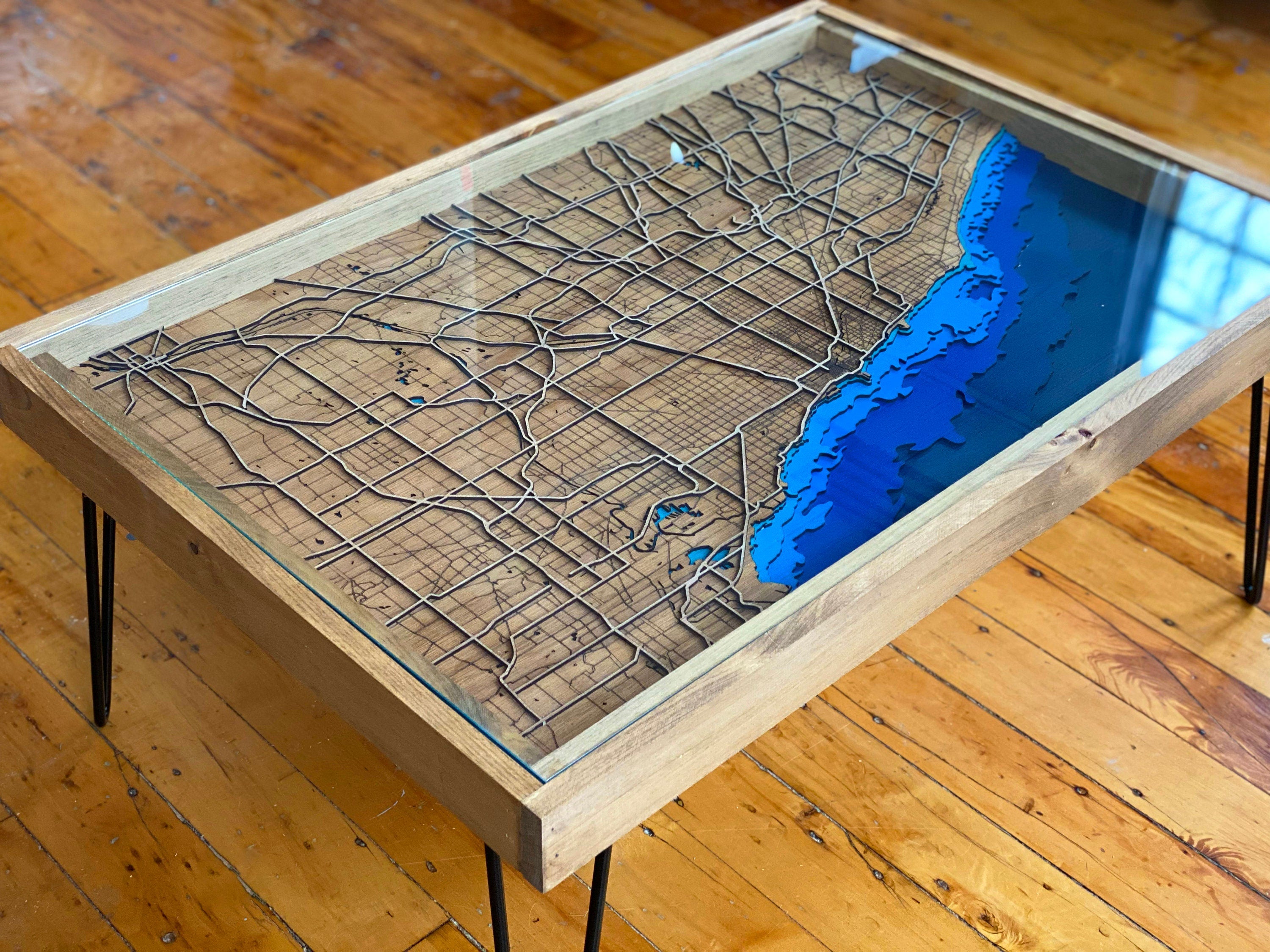 Handcrafted City Map Coffee Table - 100% Made in the USA. Choose your own city!