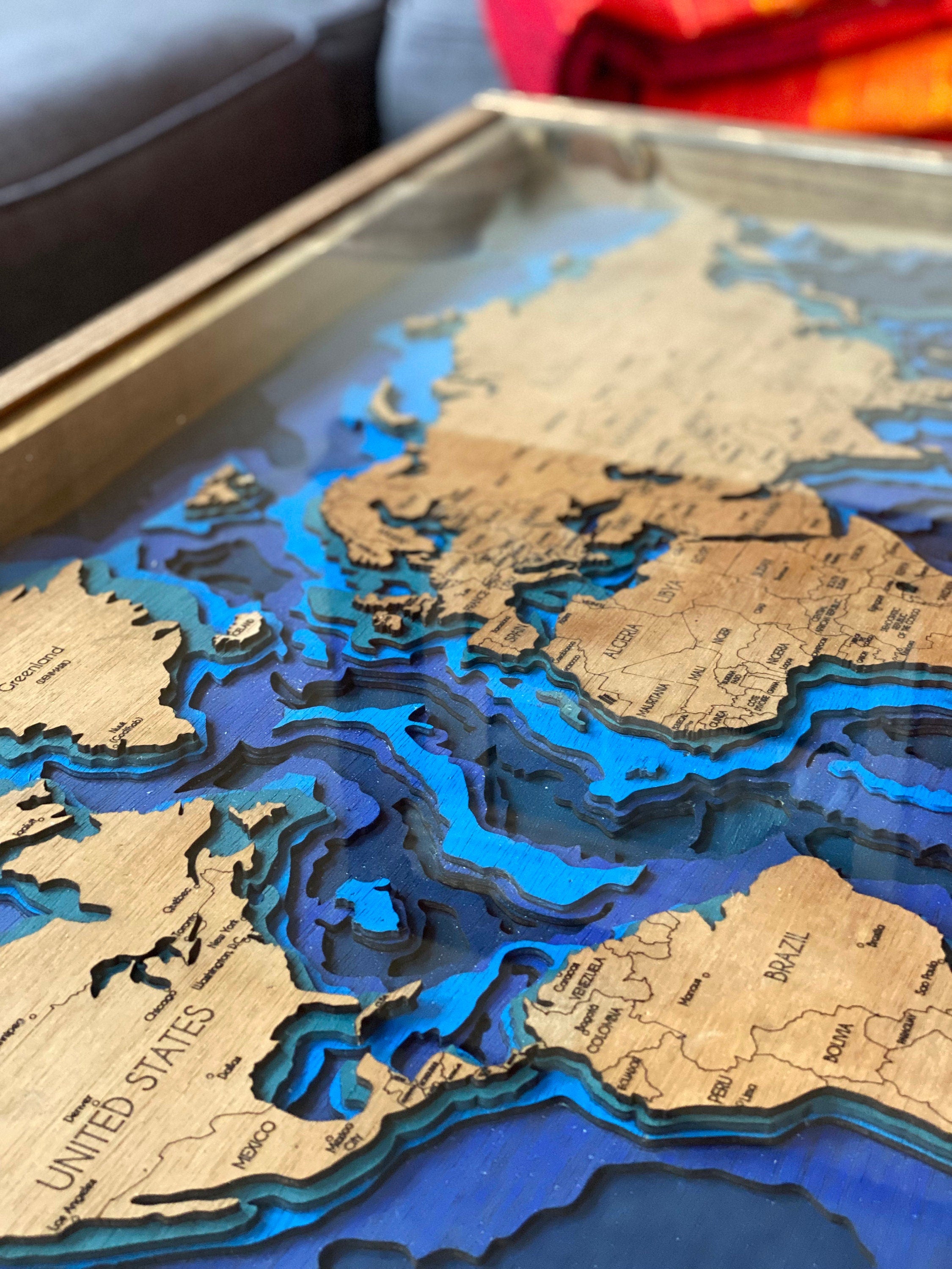World Map Coffee Table with Ocean Bathymetric Layers - 24x36" - 100% Made in the USA