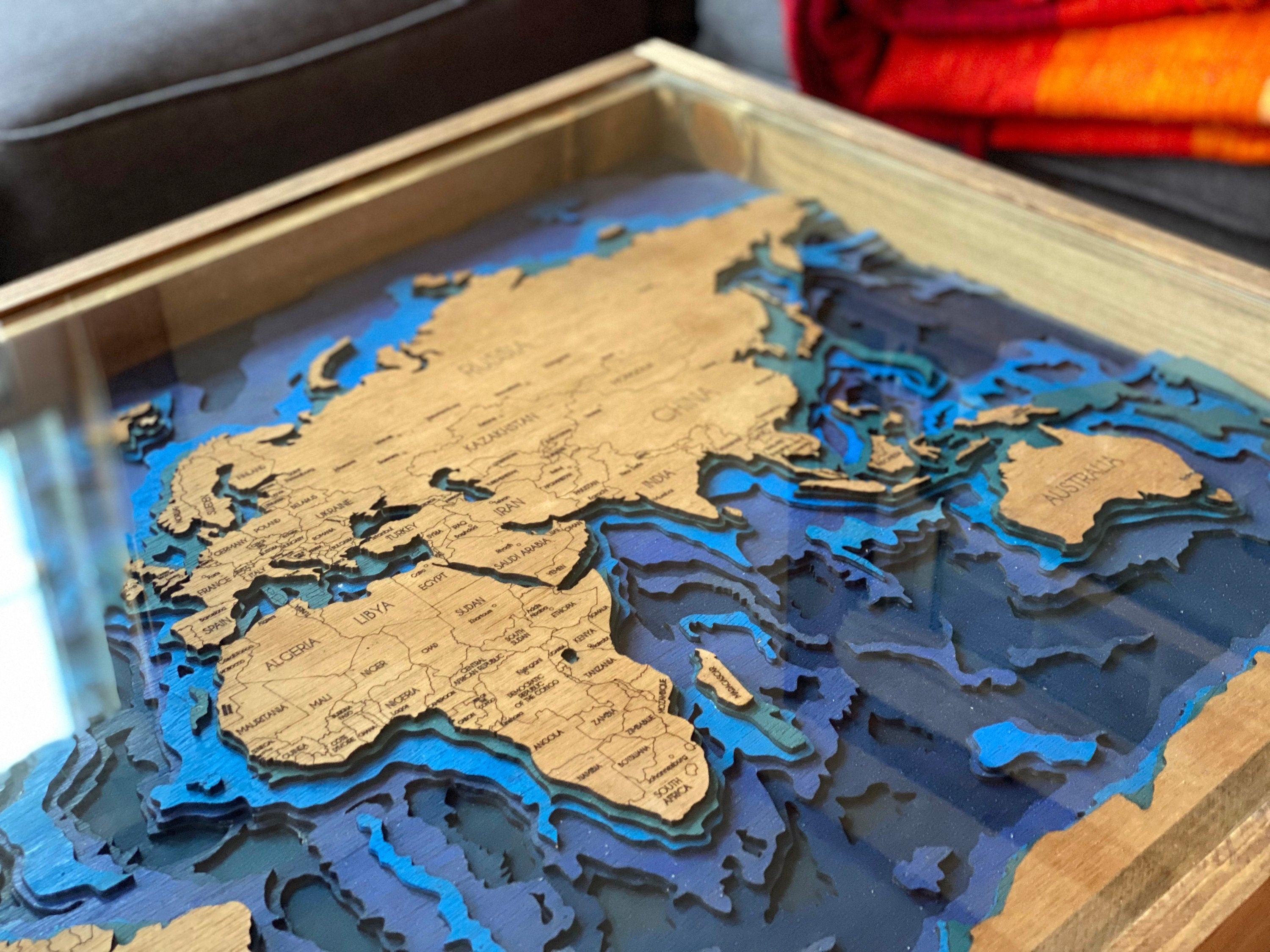 World Map Coffee Table with Ocean Bathymetric Layers - 24x36" - 100% Made in the USA