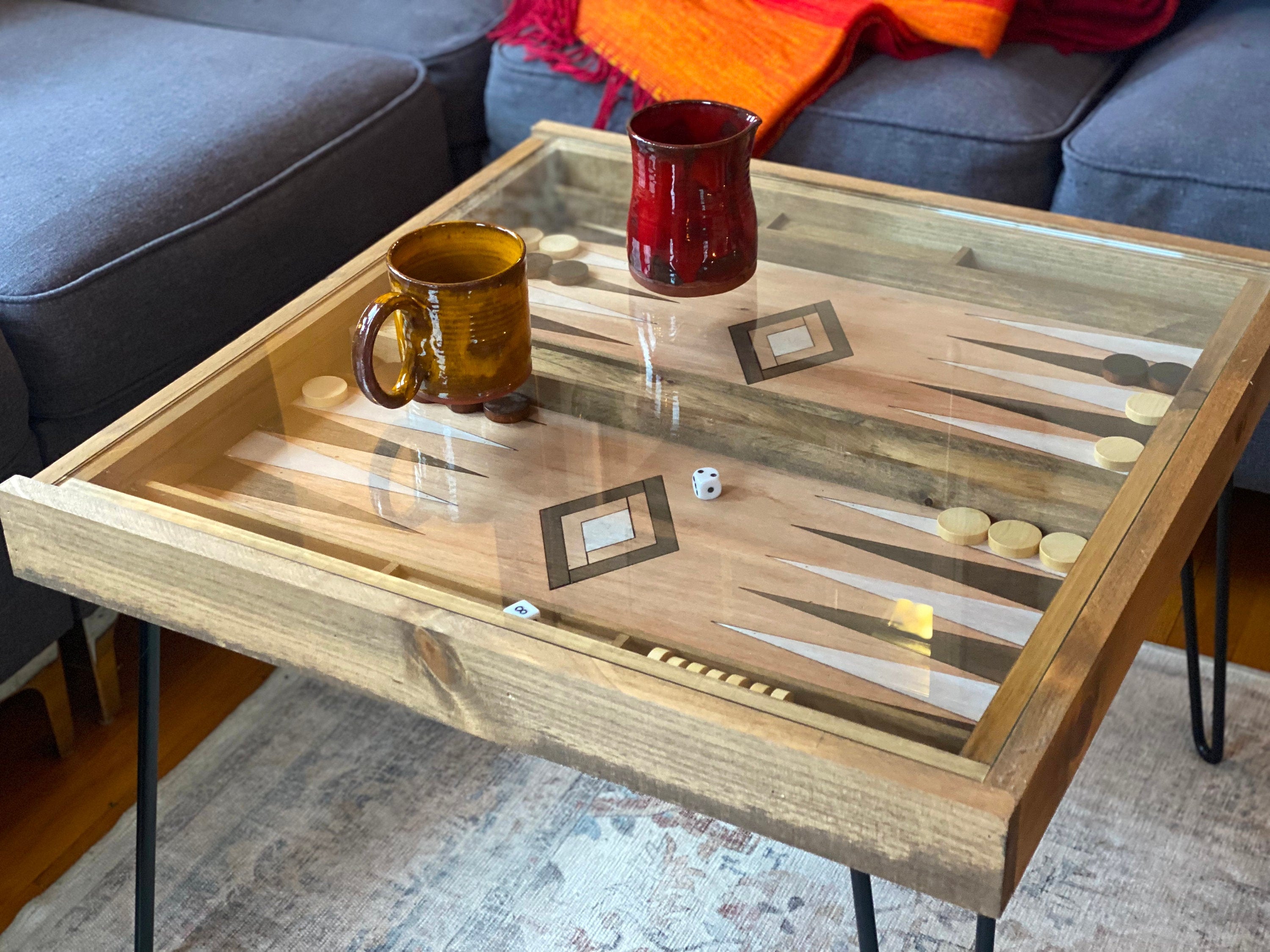 Rustic Backgammon Coffee Table with removable glass top - 100% Made in the USA