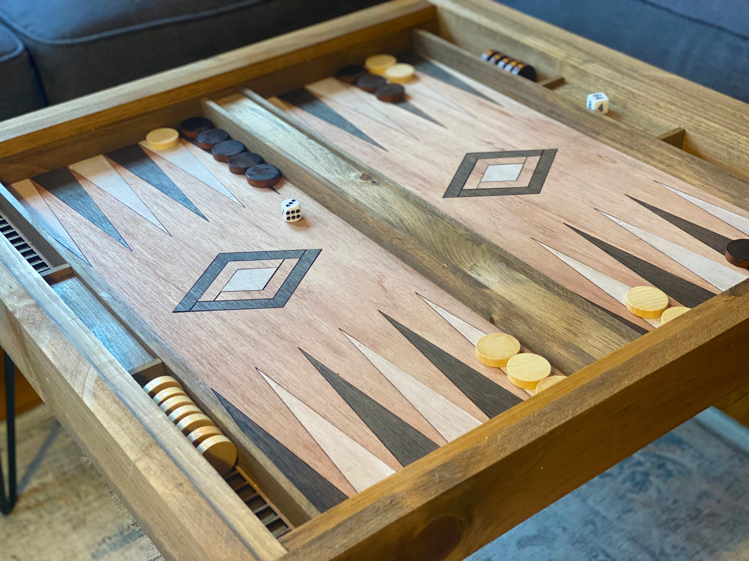 Rustic Backgammon Coffee Table with removable glass top - 100% Made in the USA