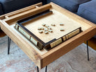 Rustic BYO Board Game Table with Removable Tempered Glass Top and Hidden Storage Drawer - 100% Made in the USA. Measures 25x25"