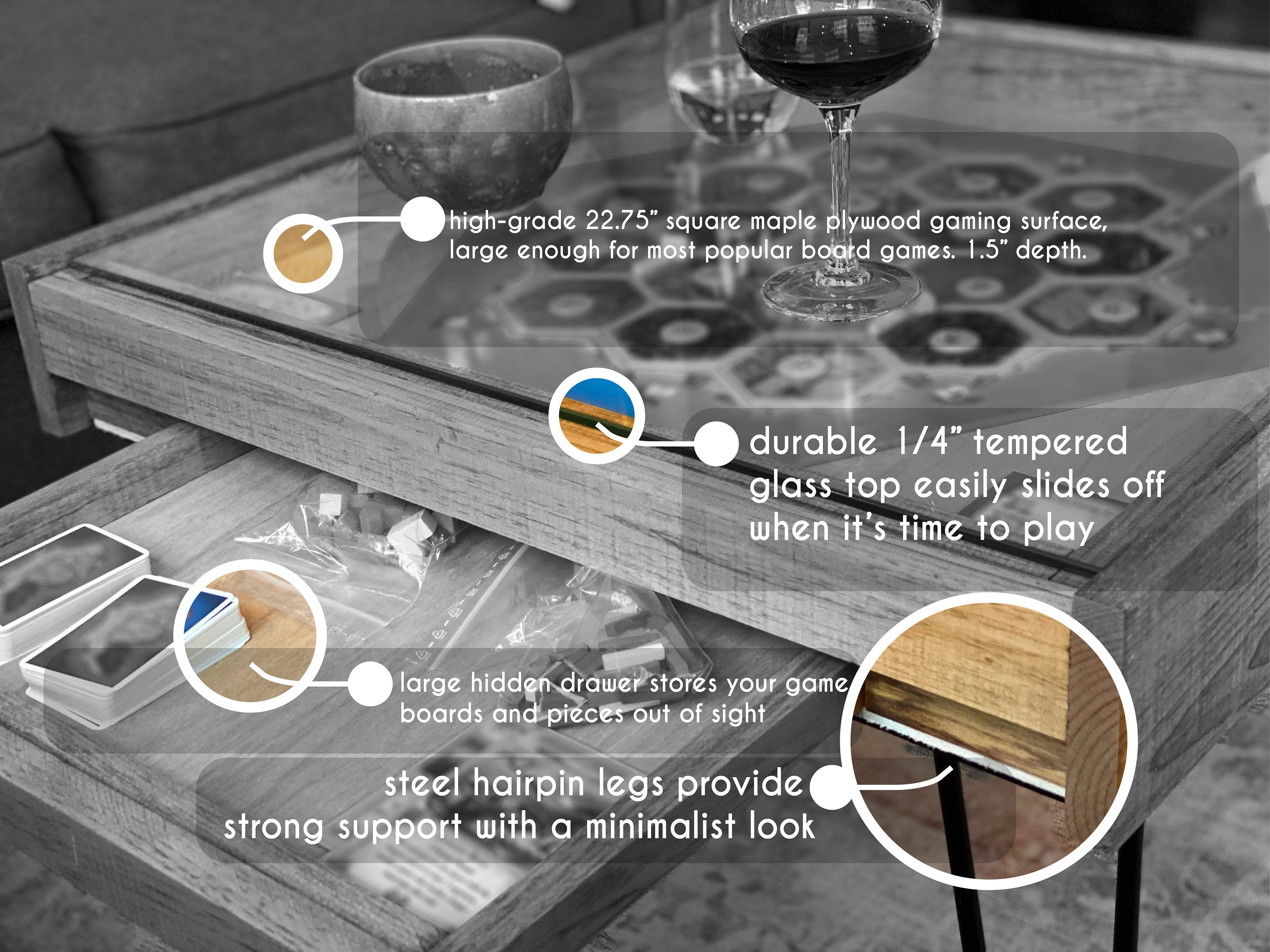 Rustic BYO Board Game Table with Removable Tempered Glass Top and Hidden Storage Drawer - 100% Made in the USA. Measures 25x25"