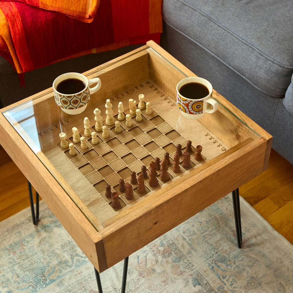 Chest Set Table Rustic Chess and Checkers Table with removable glass top - chess and c ...