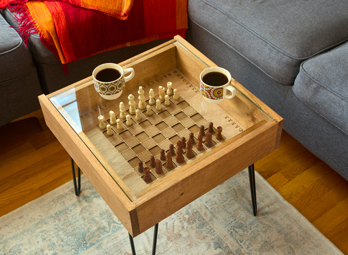 Chess/checkers Table Rustic Chess and Checkers Table with removable glass top - chess and c ...