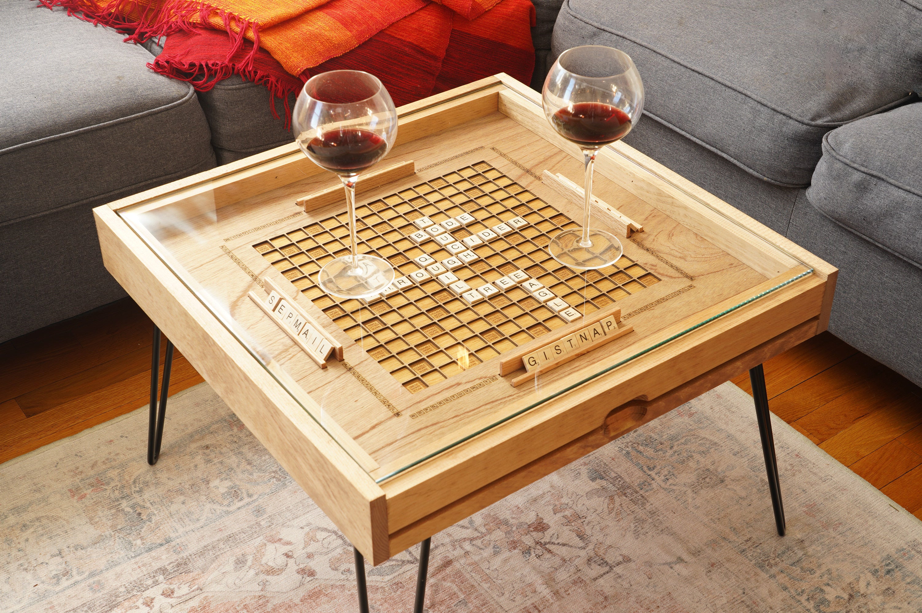 Rustic Scrabble Coffee Table with removable top - letter tiles