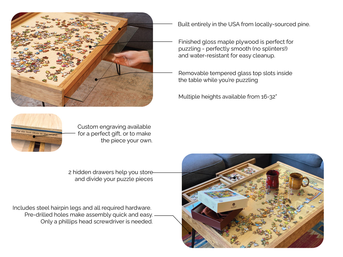 Rustic Adjustable Puzzle Table Rustic Puzzle Coffee Table with removable glass top - includes 2 hidde ...