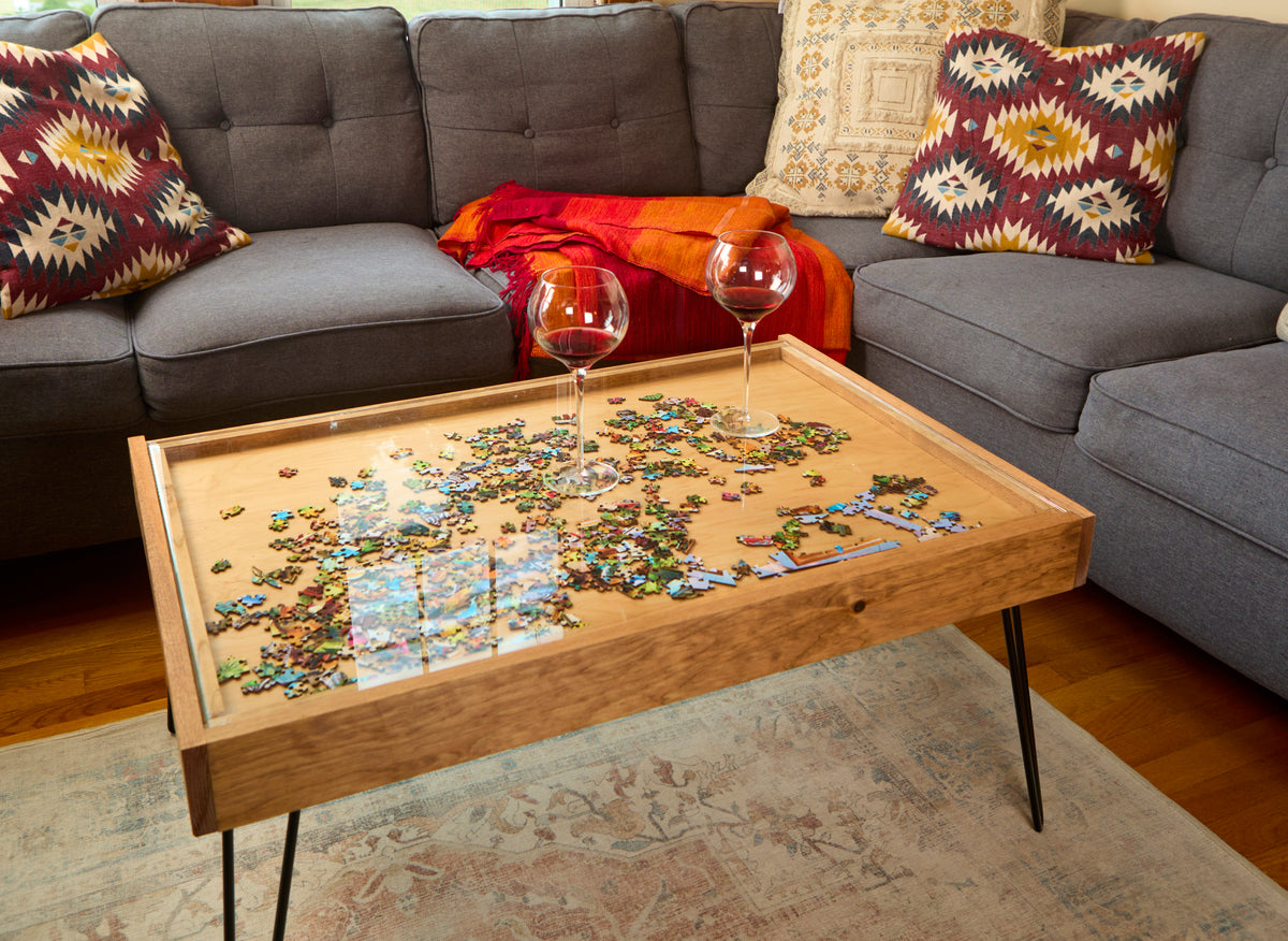 Rustic Puzzle Coffee Table with removable glass top - includes 2 hidde ...