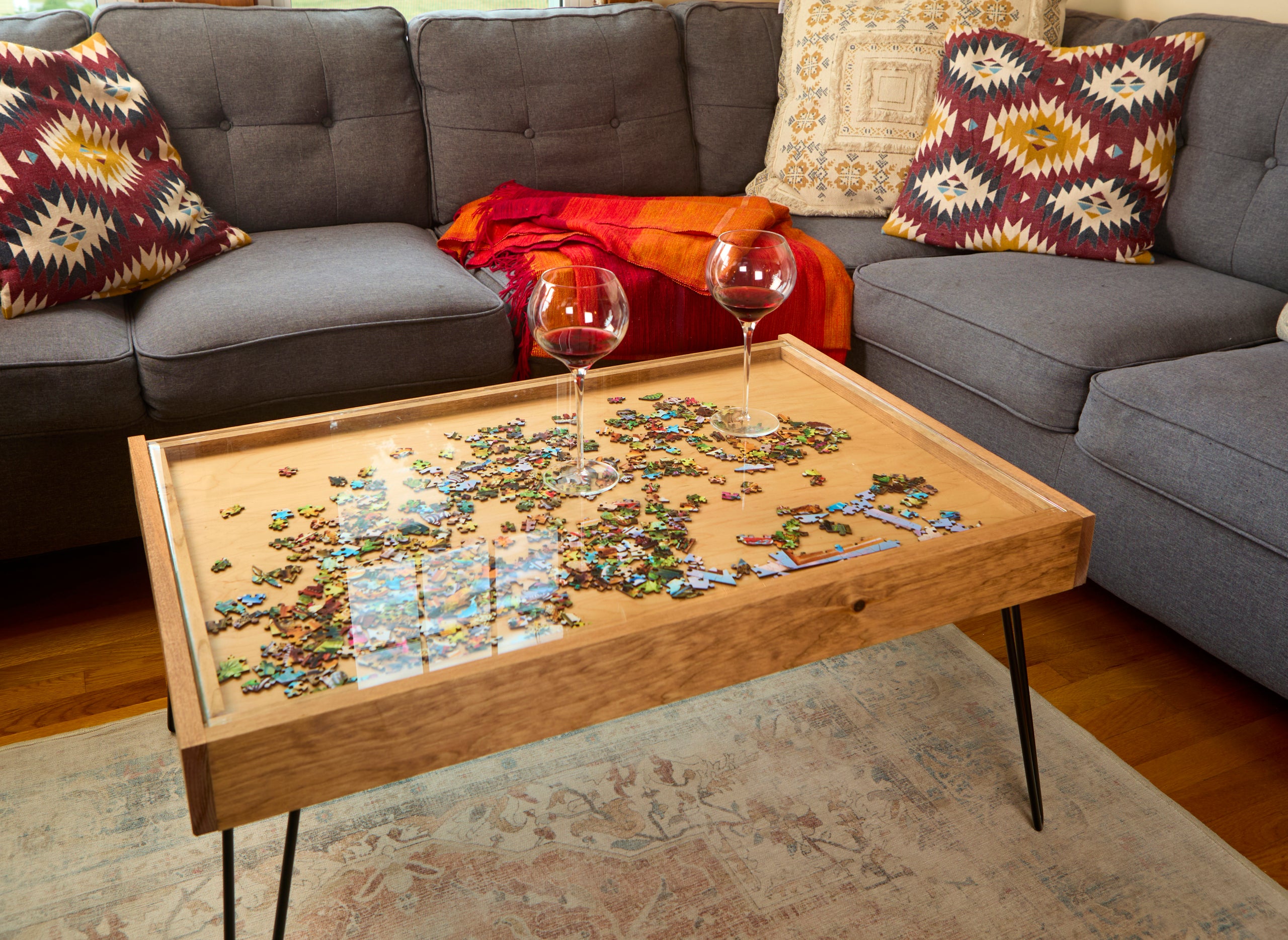 Rustic Puzzle Coffee Table With Removable Glass Top Includes 2 Hidde 