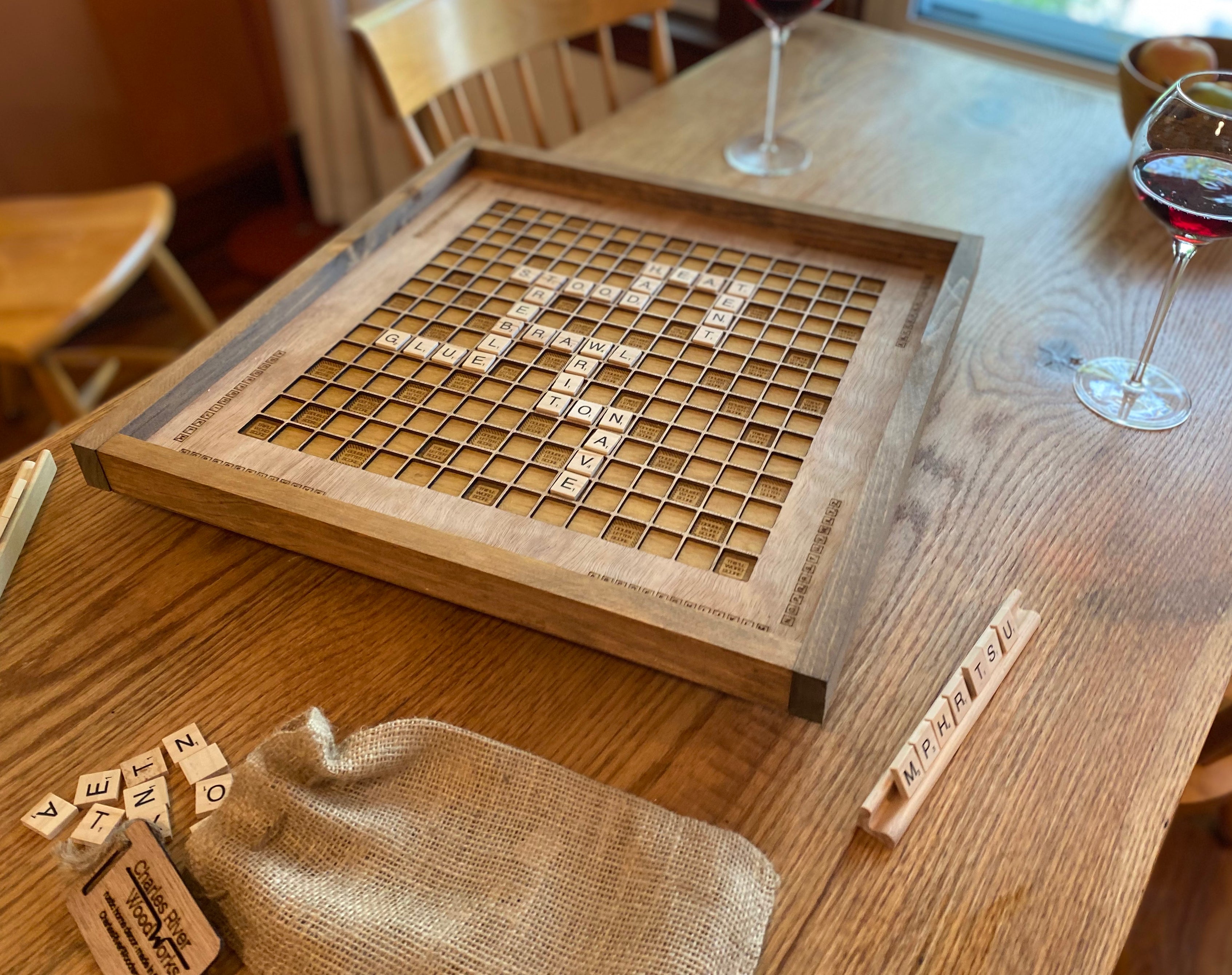 Rustic Wooden Scrabble Board with Rotating Lazy Susan - letter