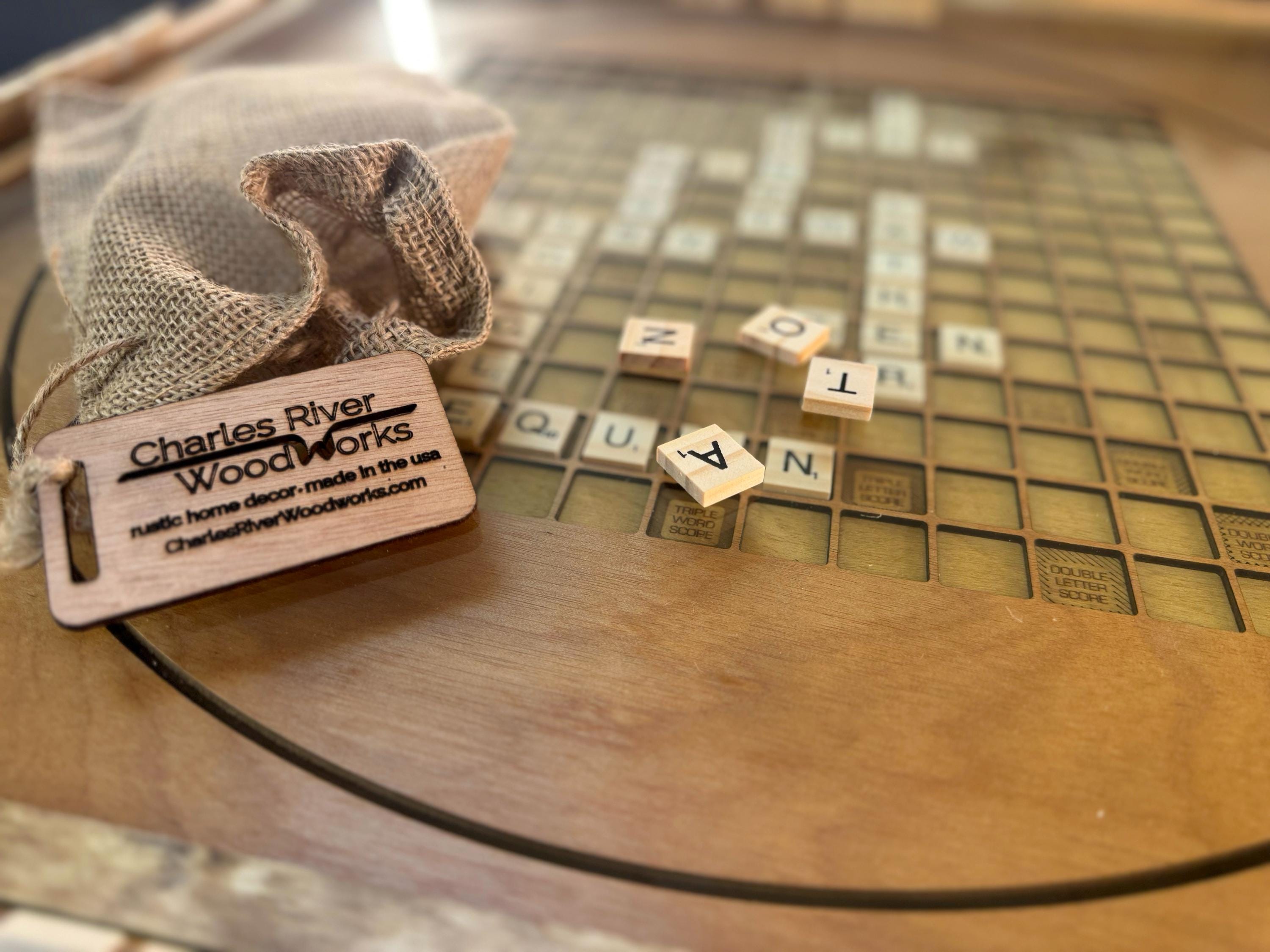 Rotating Scrabble Coffee Table with removable glass top and lazy susan - letter tiles included. 100% Made in the USA