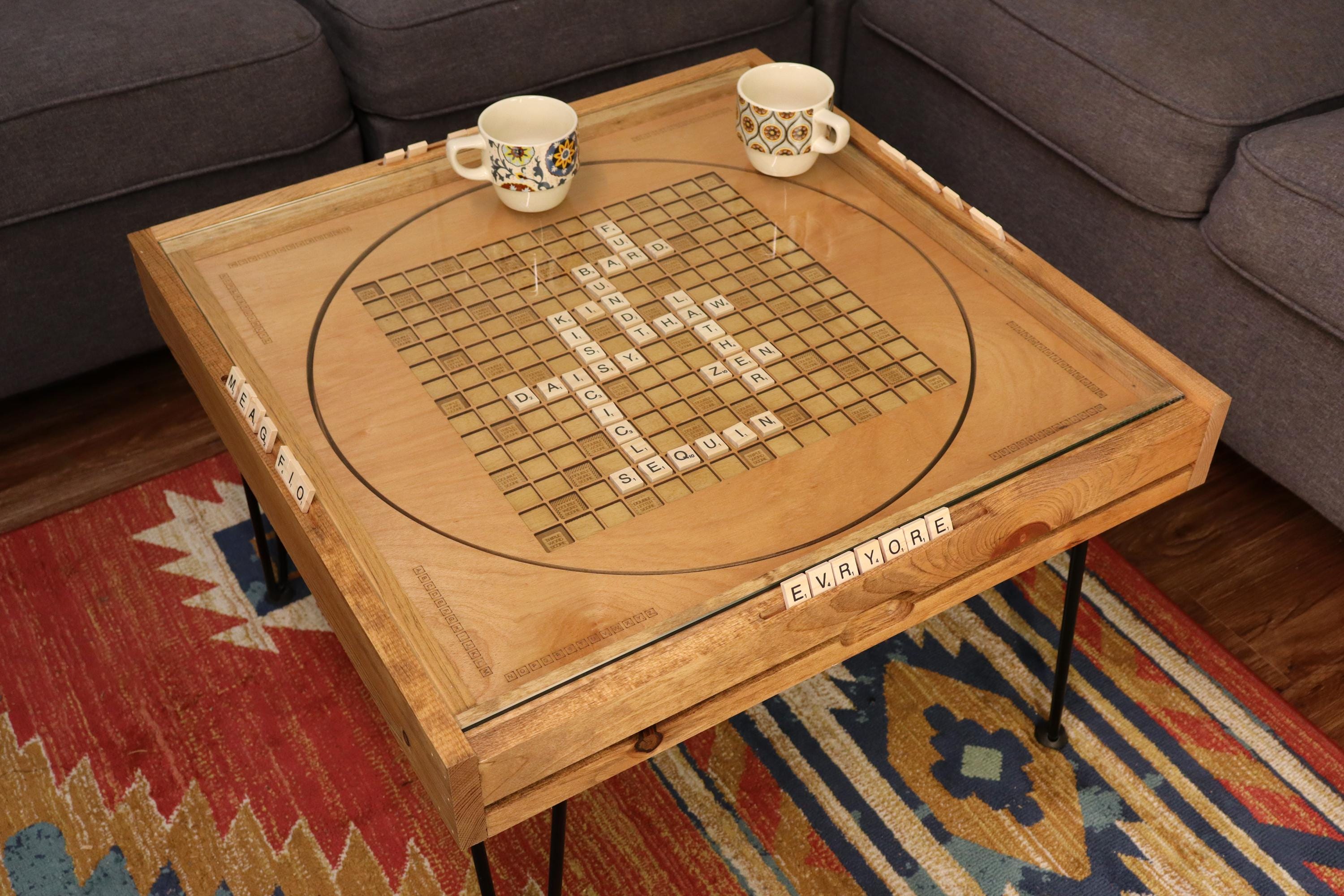 Rotating Scrabble Coffee Table with removable glass top and lazy susan - letter tiles included. 100% Made in the USA