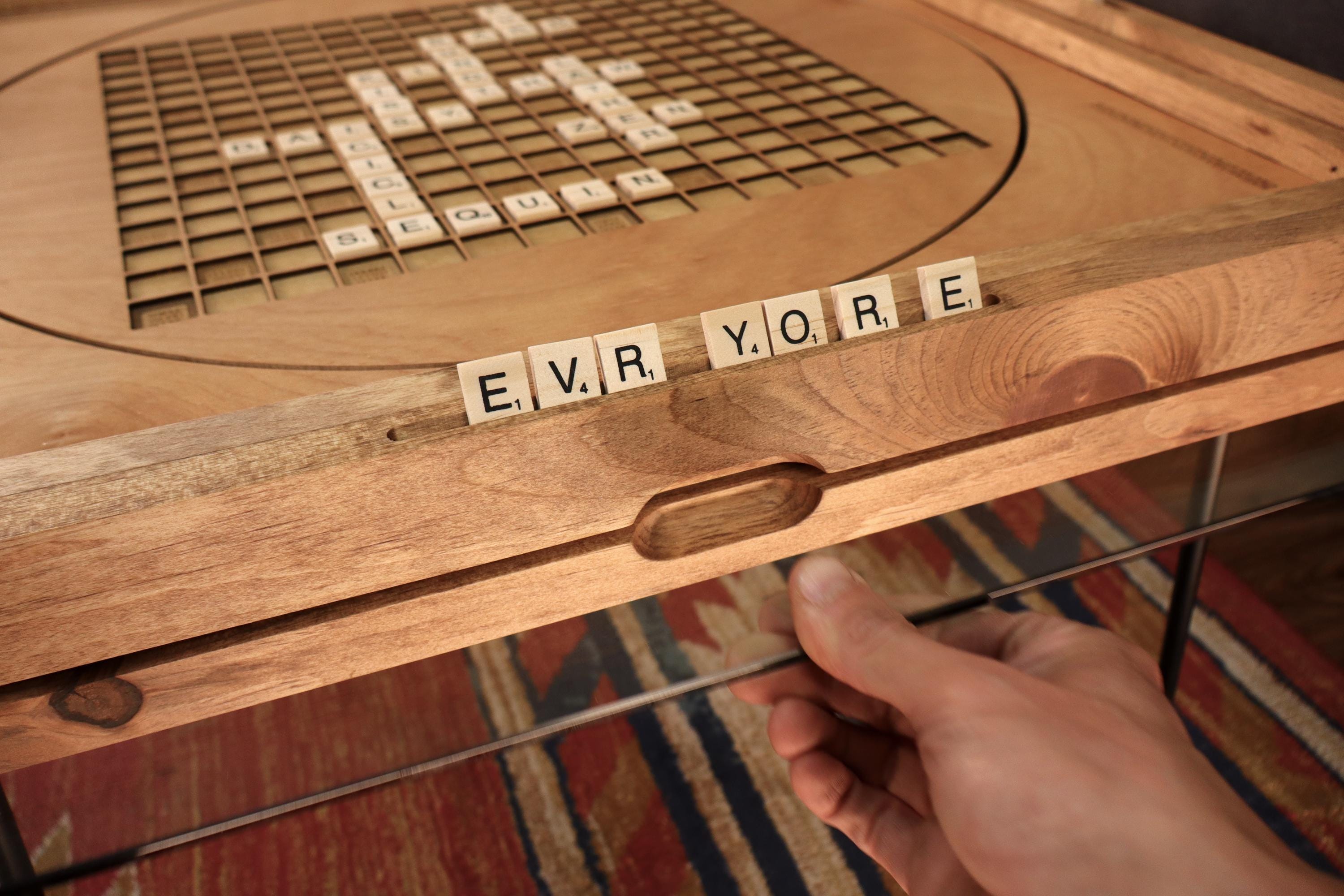 Rotating Scrabble Coffee Table with removable glass top and lazy susan - letter tiles included. 100% Made in the USA