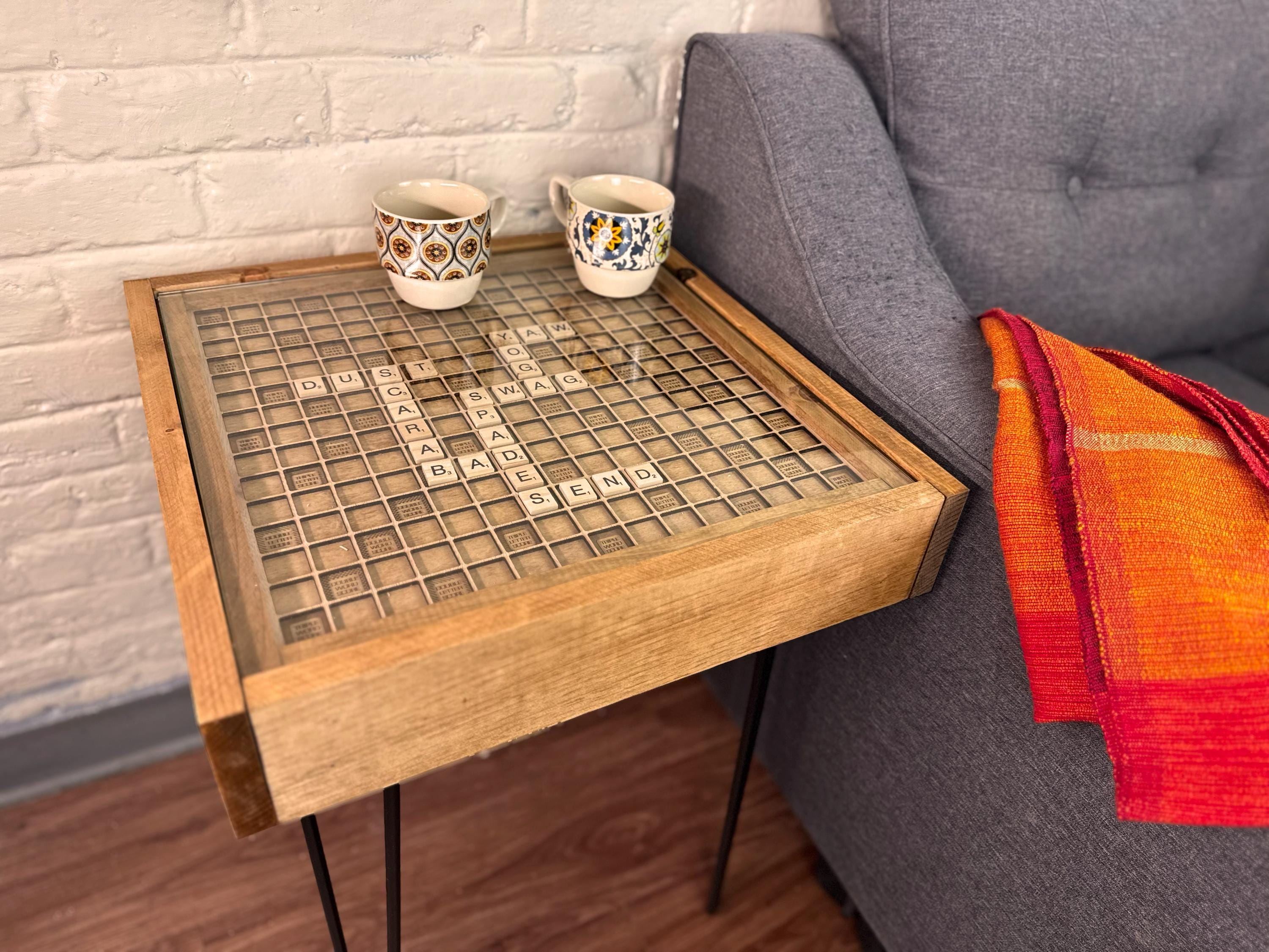 Rustic Wooden Scrabble End Table with Hidden Drawer. Full set of letter tiles included. 100% Made in the USA.