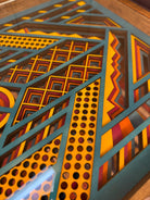 Turquoise, Yellow and Maroon Boho Open-bottom 24x36" Coffee Table with glass top and solid wood frame - 100% Made in the USA