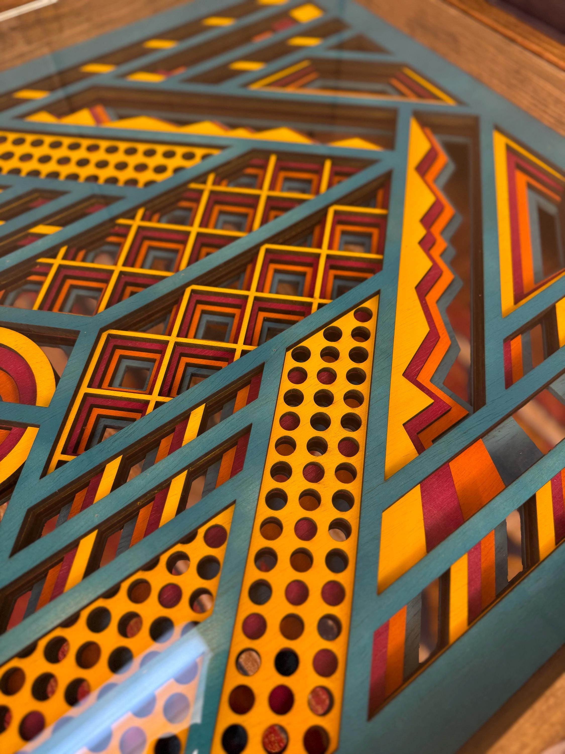 Turquoise, Yellow and Maroon Boho Open-bottom 24x36" Coffee Table with glass top and solid wood frame - 100% Made in the USA