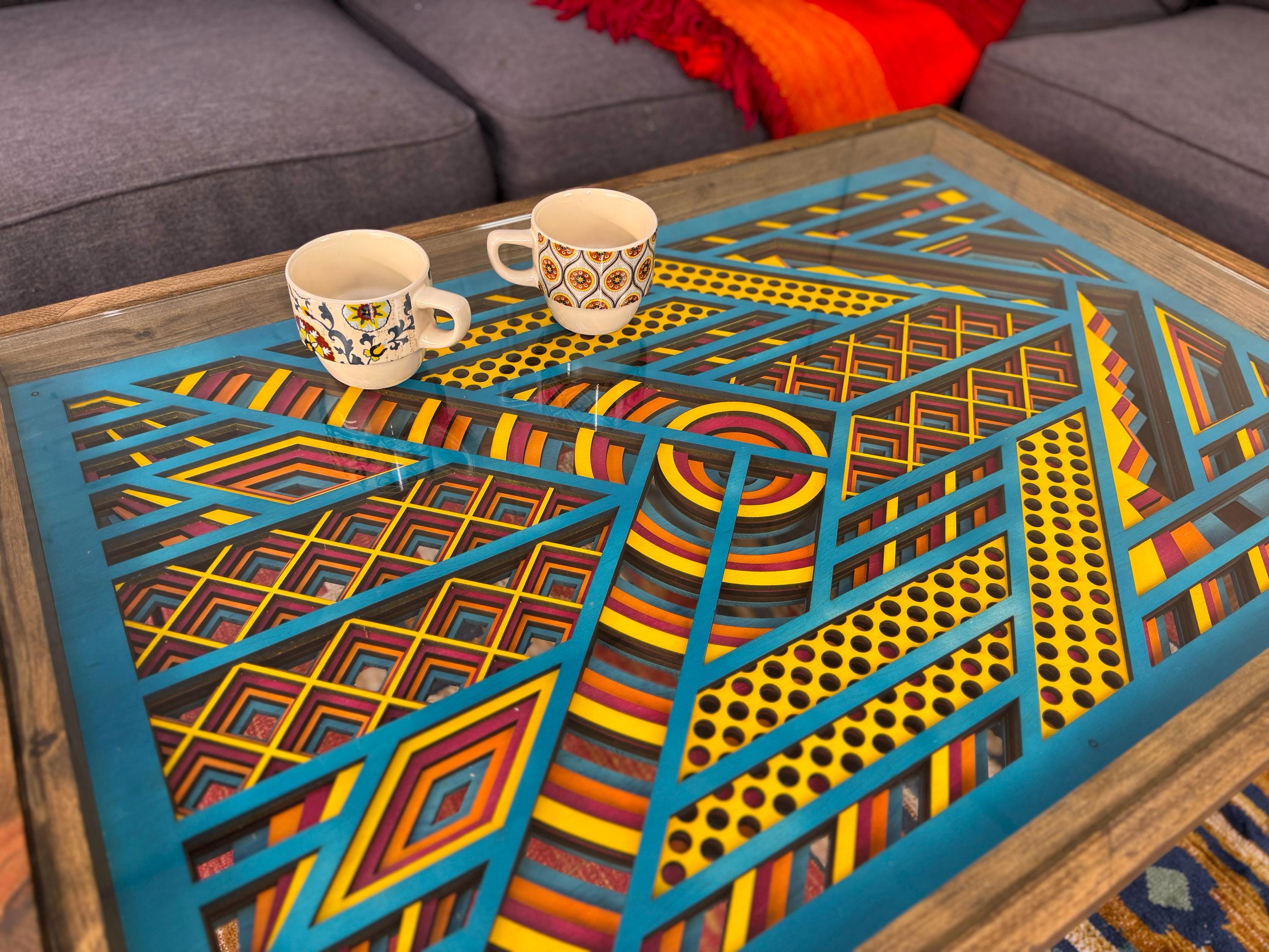 Turquoise, Yellow and Maroon Boho Open-bottom 24x36" Coffee Table with glass top and solid wood frame - 100% Made in the USA