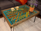 Turquoise, Yellow and Maroon Boho Open-bottom 24x36" Coffee Table with glass top and solid wood frame - 100% Made in the USA