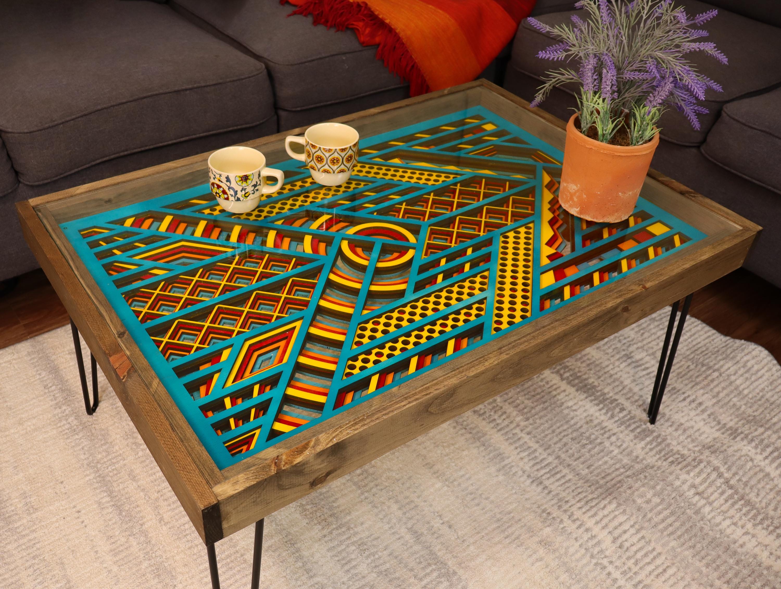 Turquoise, Yellow and Maroon Boho Open-bottom 24x36" Coffee Table with glass top and solid wood frame - 100% Made in the USA