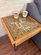 Rustic Wooden Scrabble End Table with Hidden Drawer. Full set of letter tiles included. 100% Made in the USA.