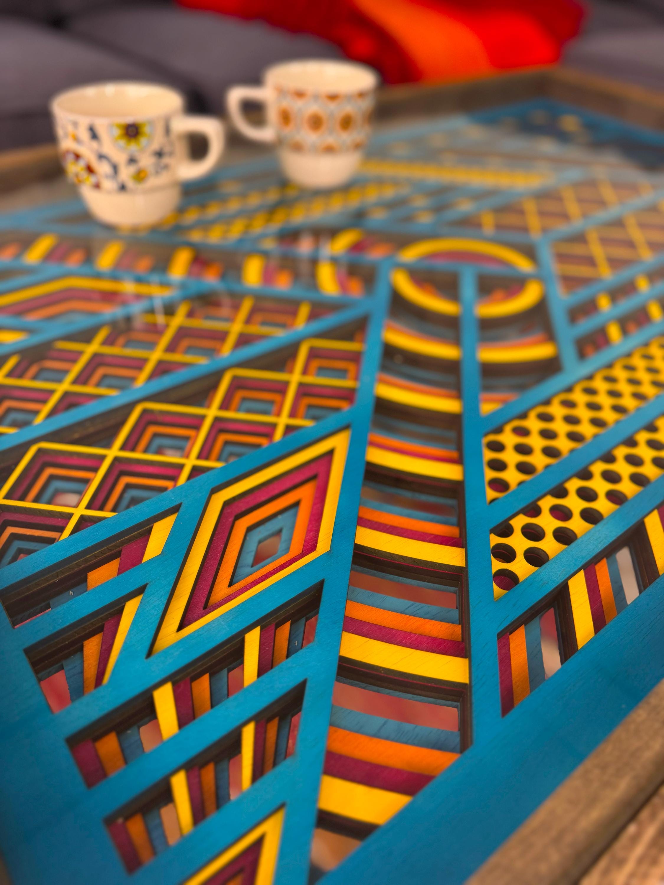 Turquoise, Yellow and Maroon Boho Open-bottom 24x36" Coffee Table with glass top and solid wood frame - 100% Made in the USA