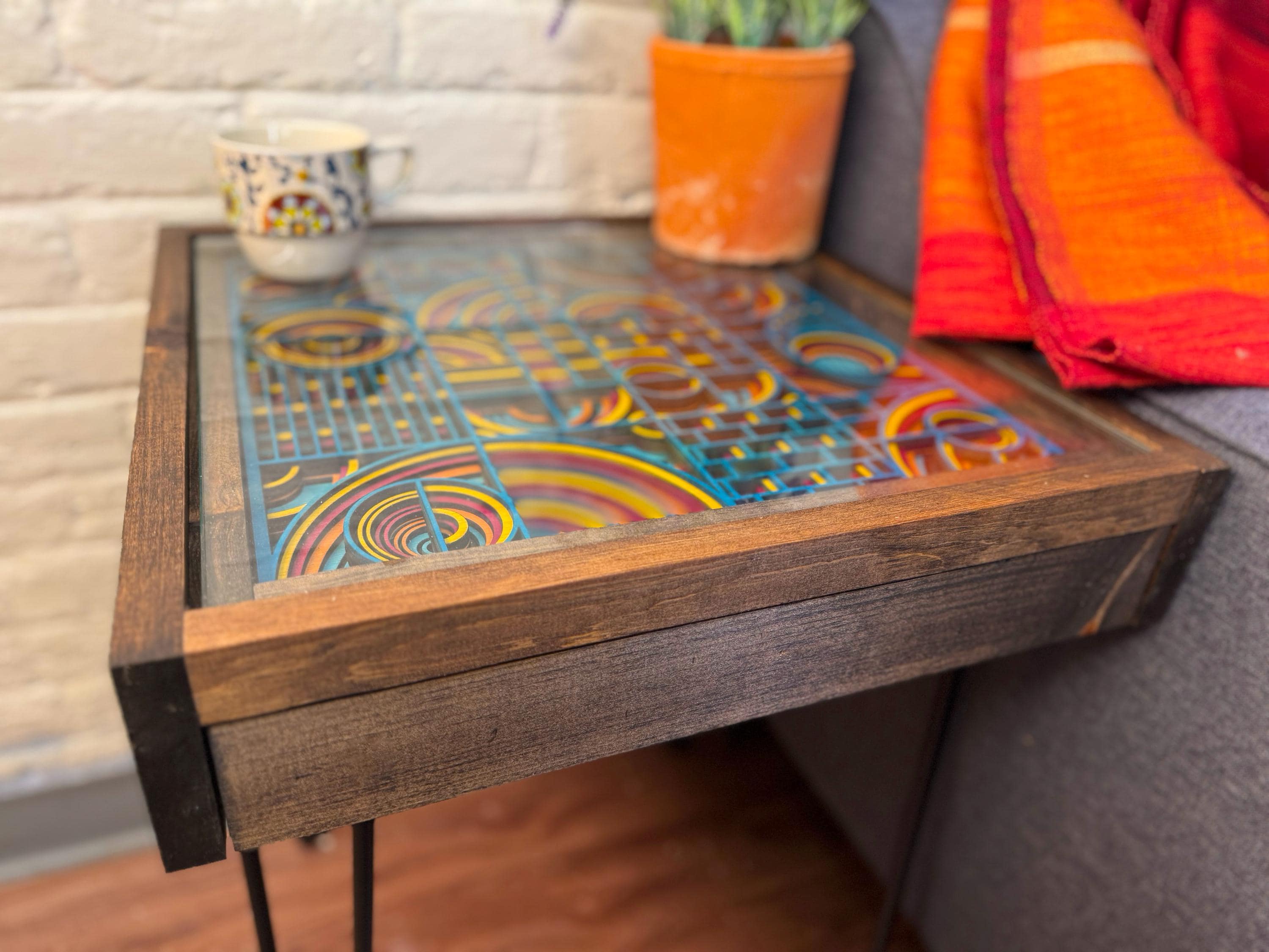 Turquoise, Yellow and Maroon Boho 19x19" End Table with glass top and hidden drawer- 100% Made in the USA