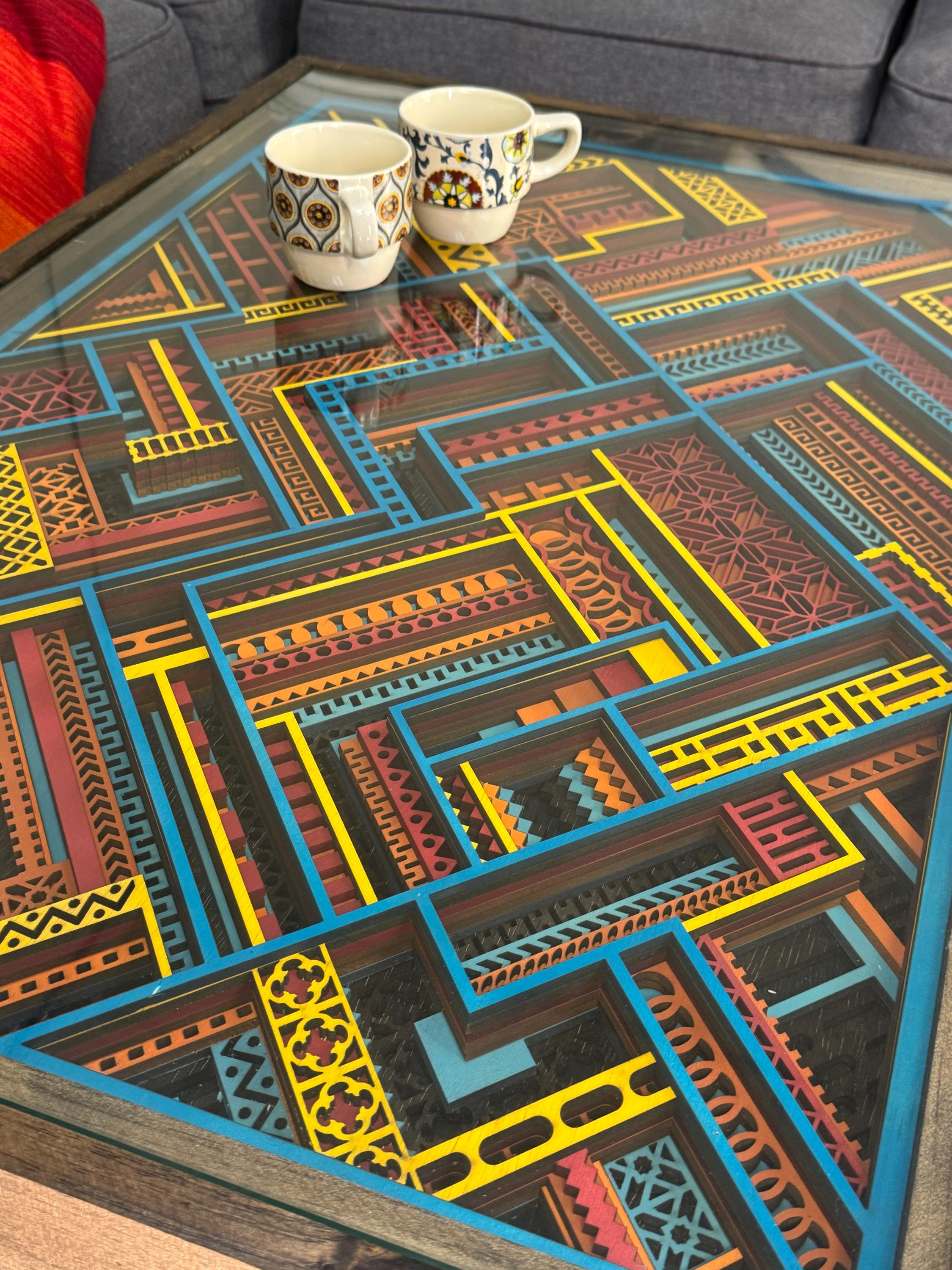 Turquoise, Yellow and Maroon Boho Handcrafted 24x36" Layered Coffee Table with glass top and solid wood frame - 100% Made in the USA