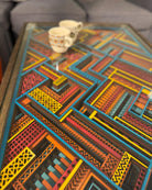 Turquoise, Yellow and Maroon Boho Handcrafted 24x36" Layered Coffee Table with glass top and solid wood frame - 100% Made in the USA