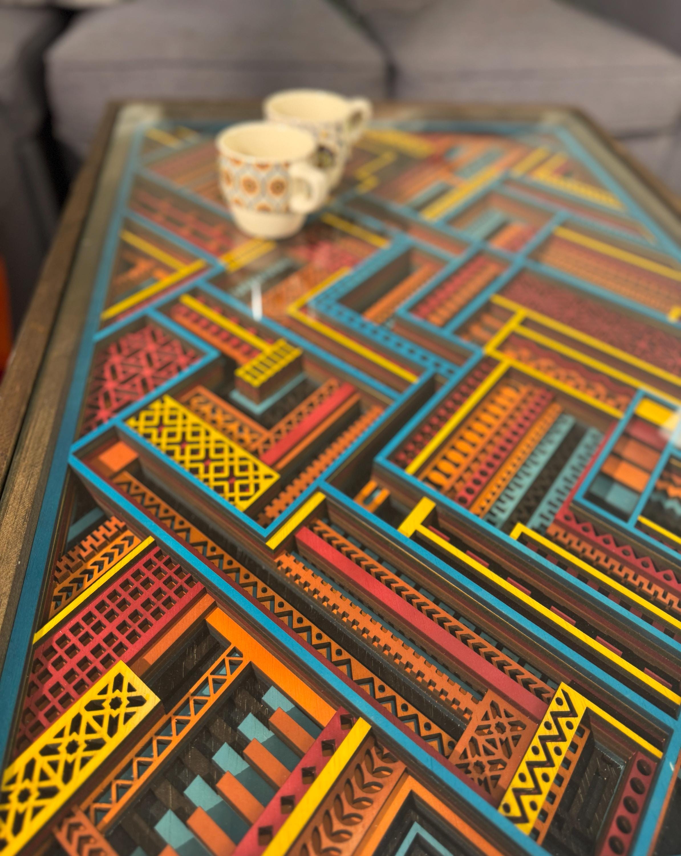 Turquoise, Yellow and Maroon Boho Handcrafted 24x36" Layered Coffee Table with glass top and solid wood frame - 100% Made in the USA