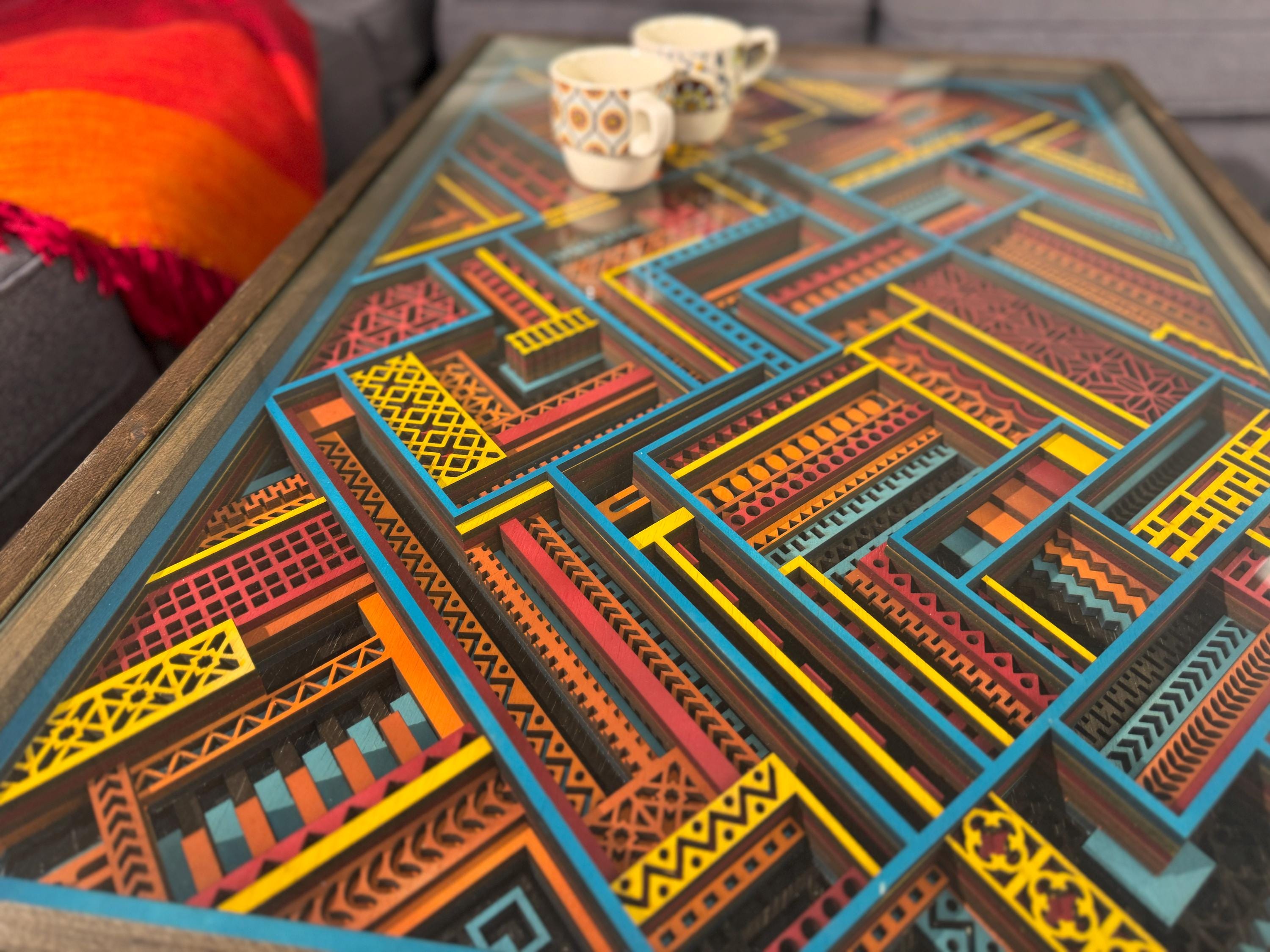 Turquoise, Yellow and Maroon Boho Handcrafted 24x36" Layered Coffee Table with glass top and solid wood frame - 100% Made in the USA