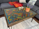 Turquoise, Yellow and Maroon Boho Handcrafted 24x36" Layered Coffee Table with glass top and solid wood frame - 100% Made in the USA