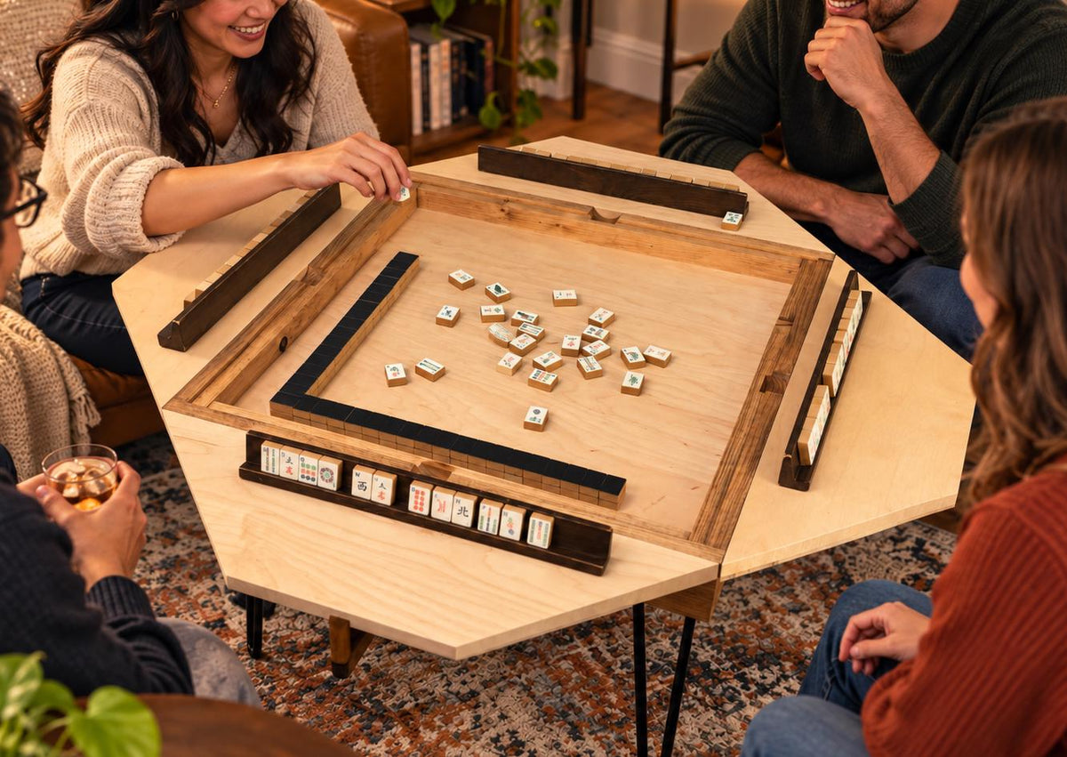 Folding Mahjong Game Table with removable glass top. Perfect for poker, blackjack, dominoes and more.